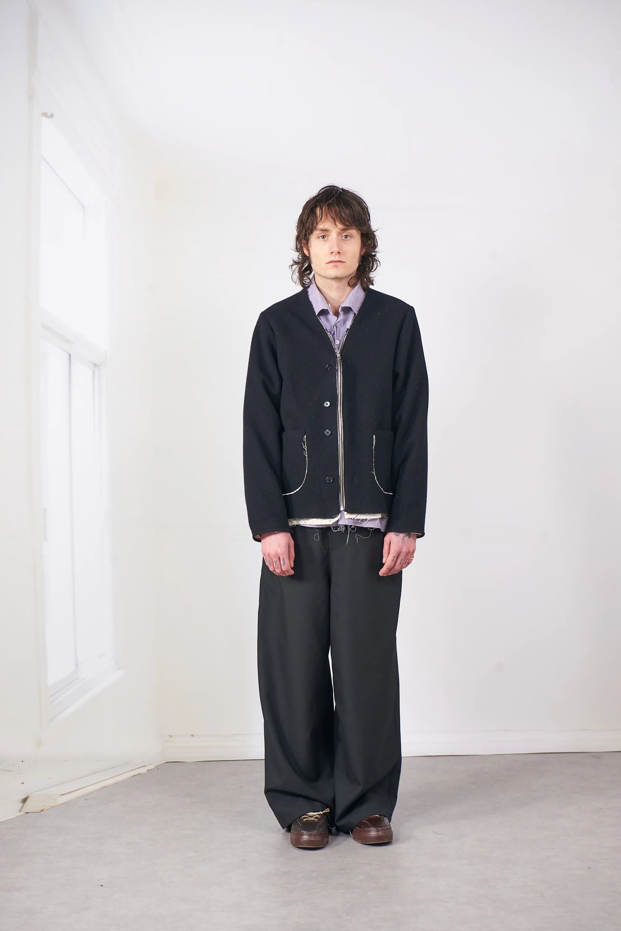 BLACK MELTON WOOL CARDI-V