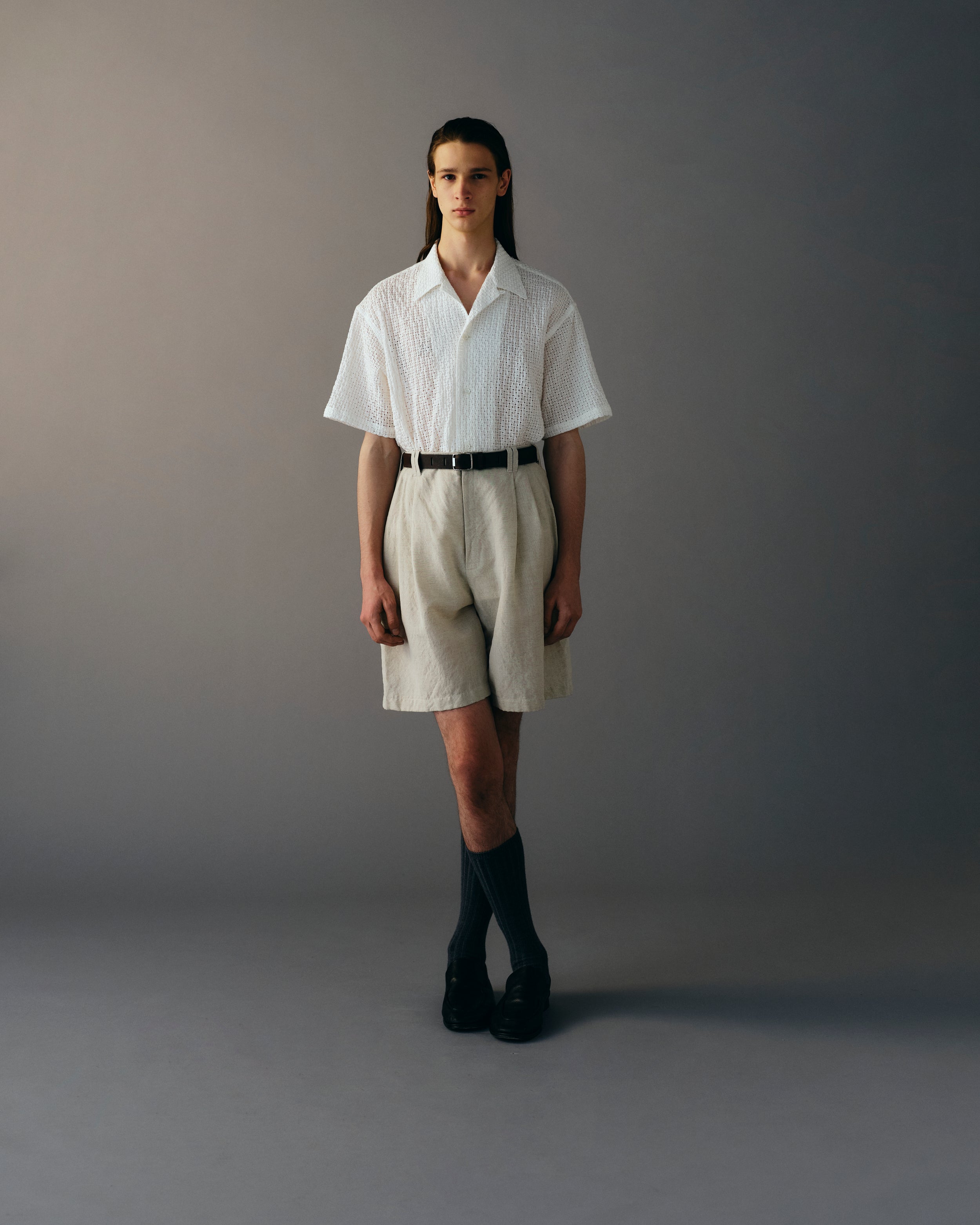 WHITE EMBROIDERY OPEN COLLAR SHIRT