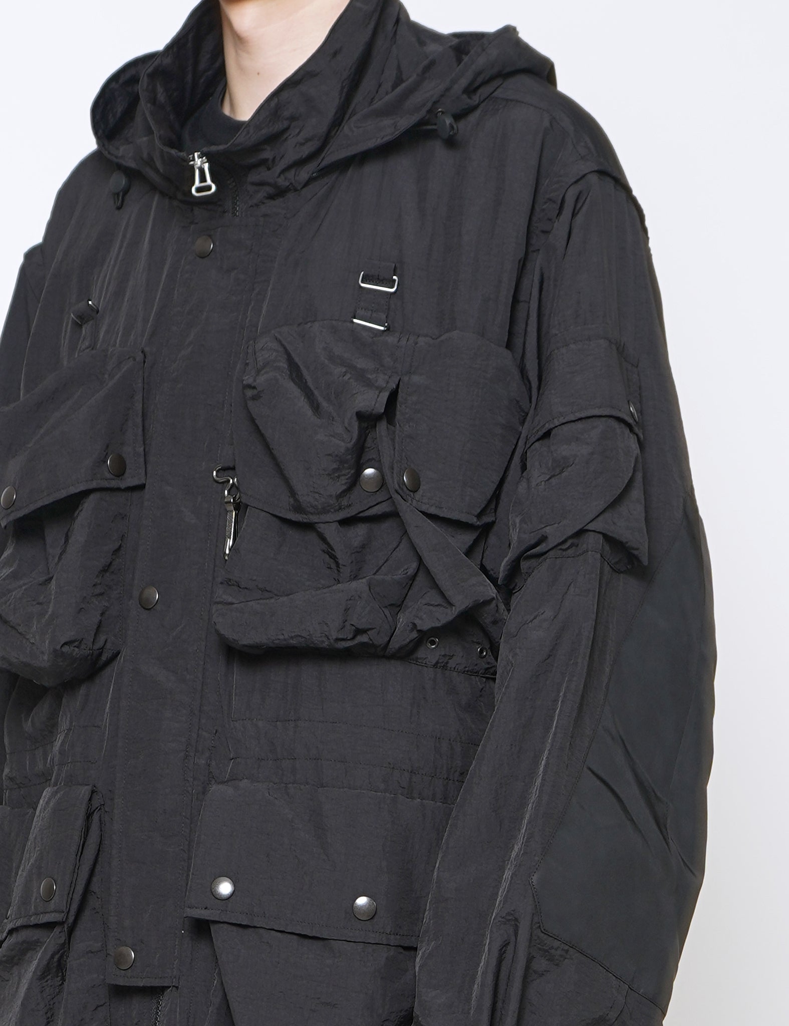 BLACK NYLON MULTI POCKETS DETACHABLE UTILITY BLOUSON