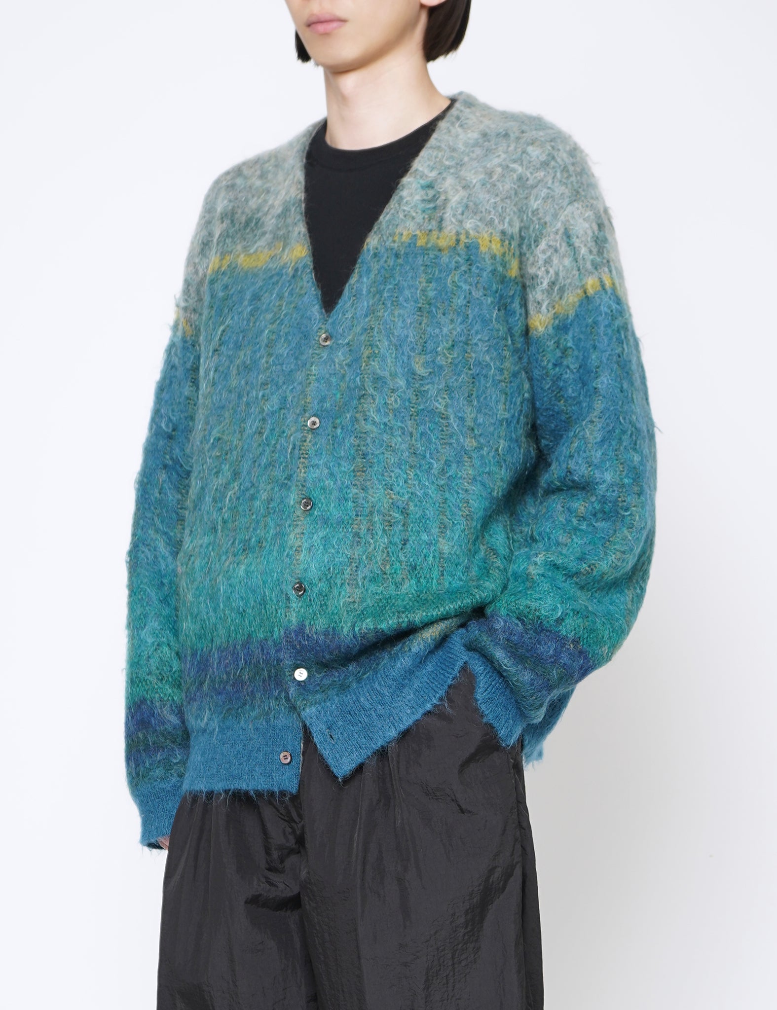 GREEN TREE JAQUARD MOHAIR BUTTONED CARDIGAN