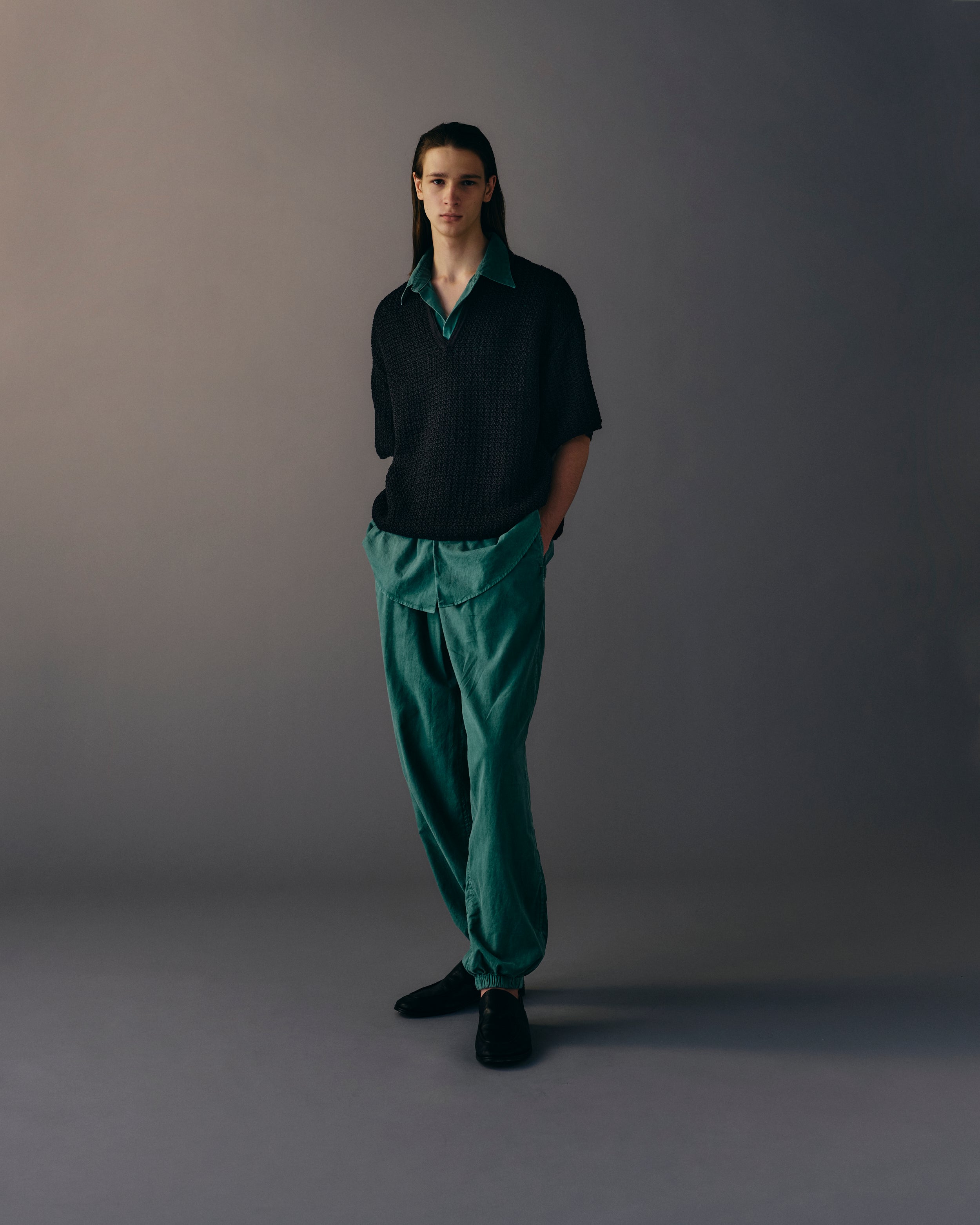 BLACK MESH KNIT SKIPPER POLO SHIRT