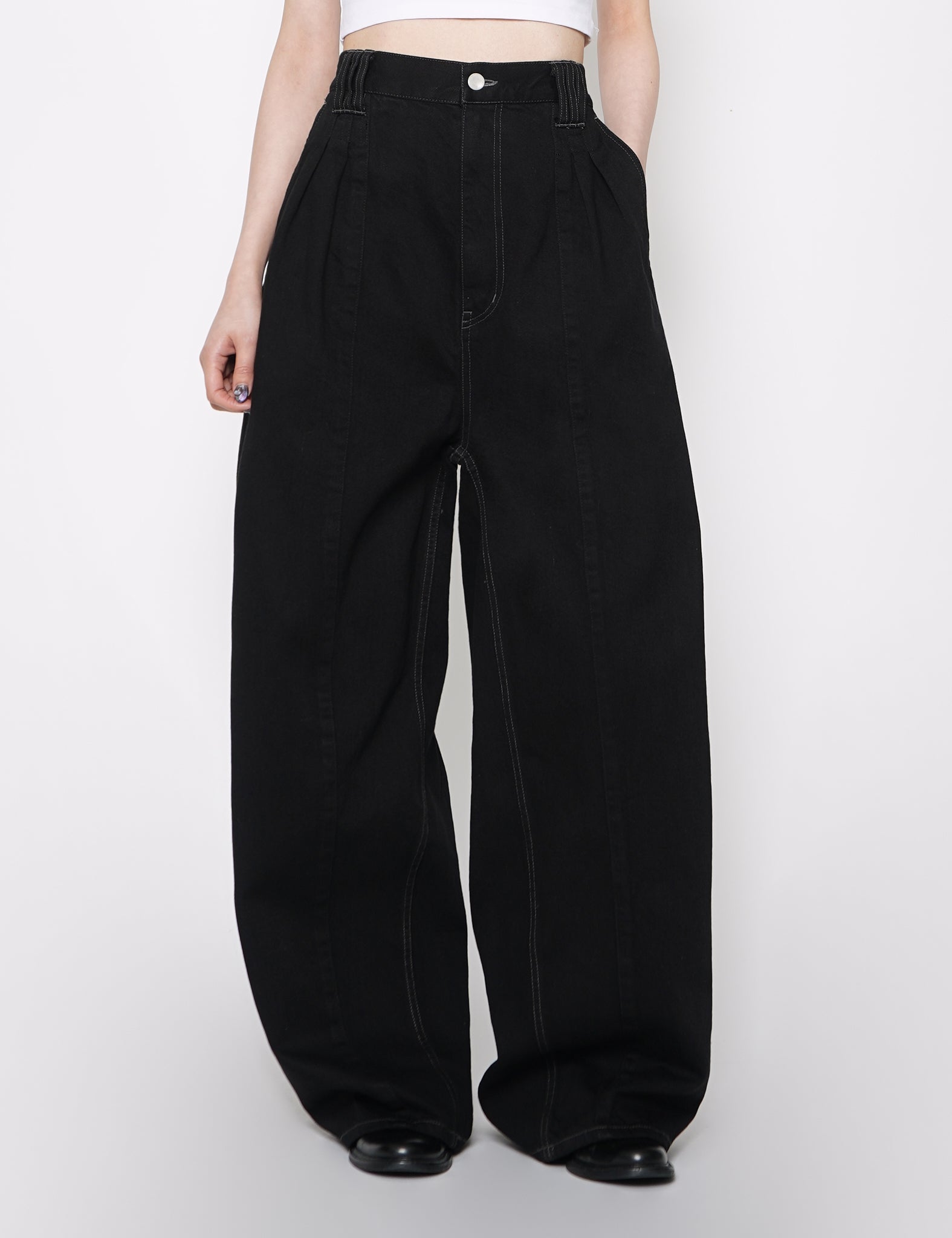 BLACK DENIM WIDE-LEG BAGGY PANTS