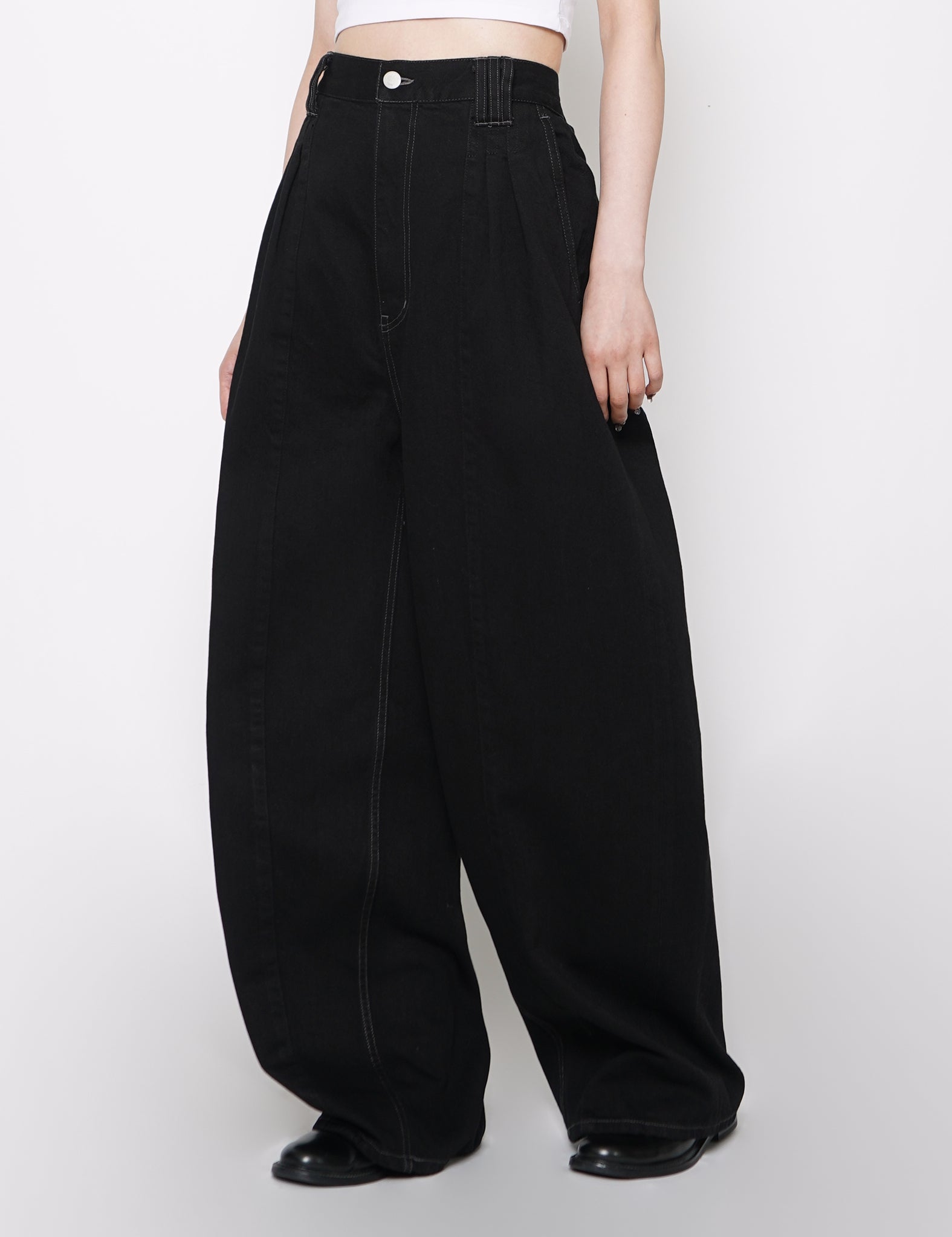 BLACK DENIM WIDE-LEG BAGGY PANTS