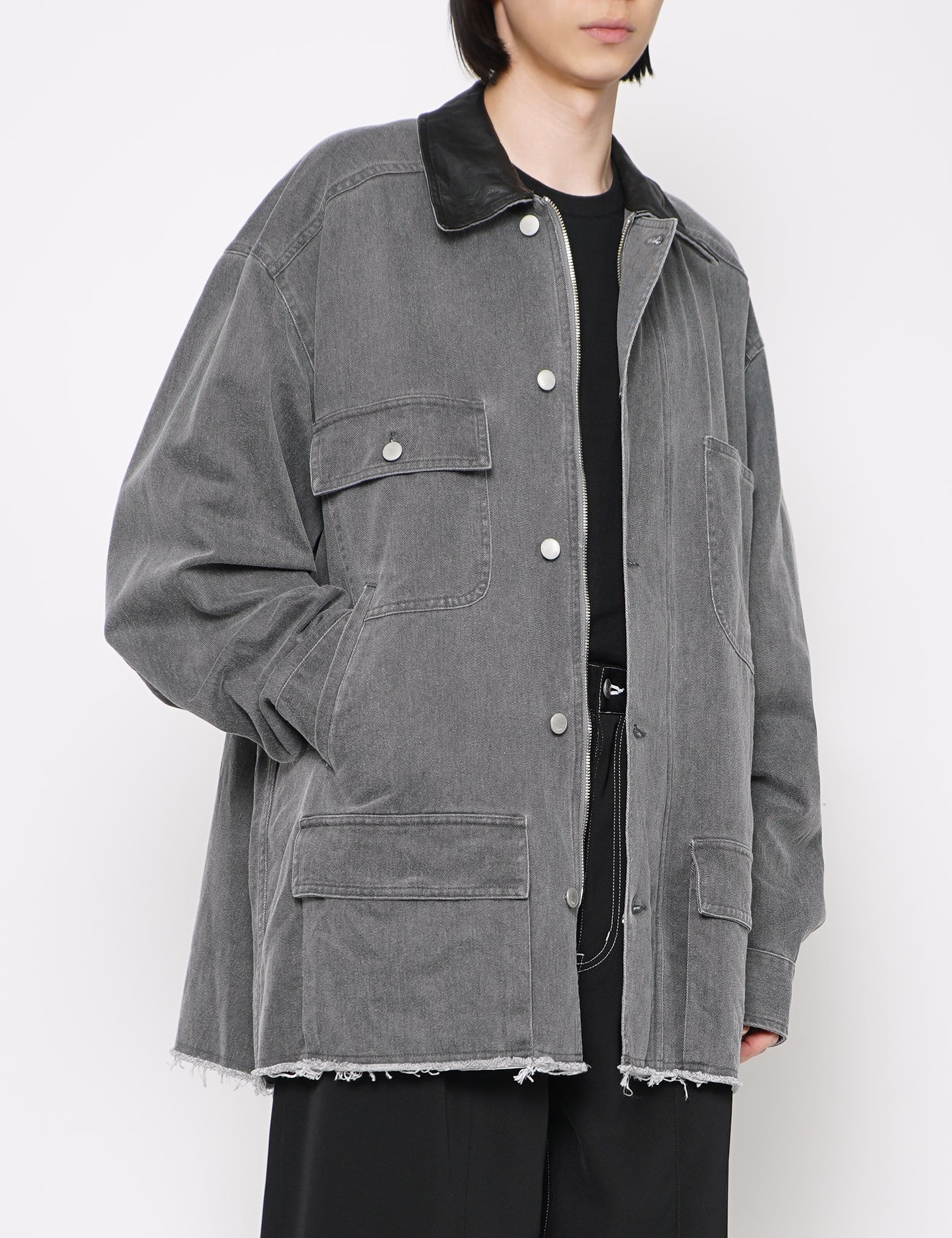 GRAY COTTON COW LEATHER CUT-OFF COVERALL JACKET