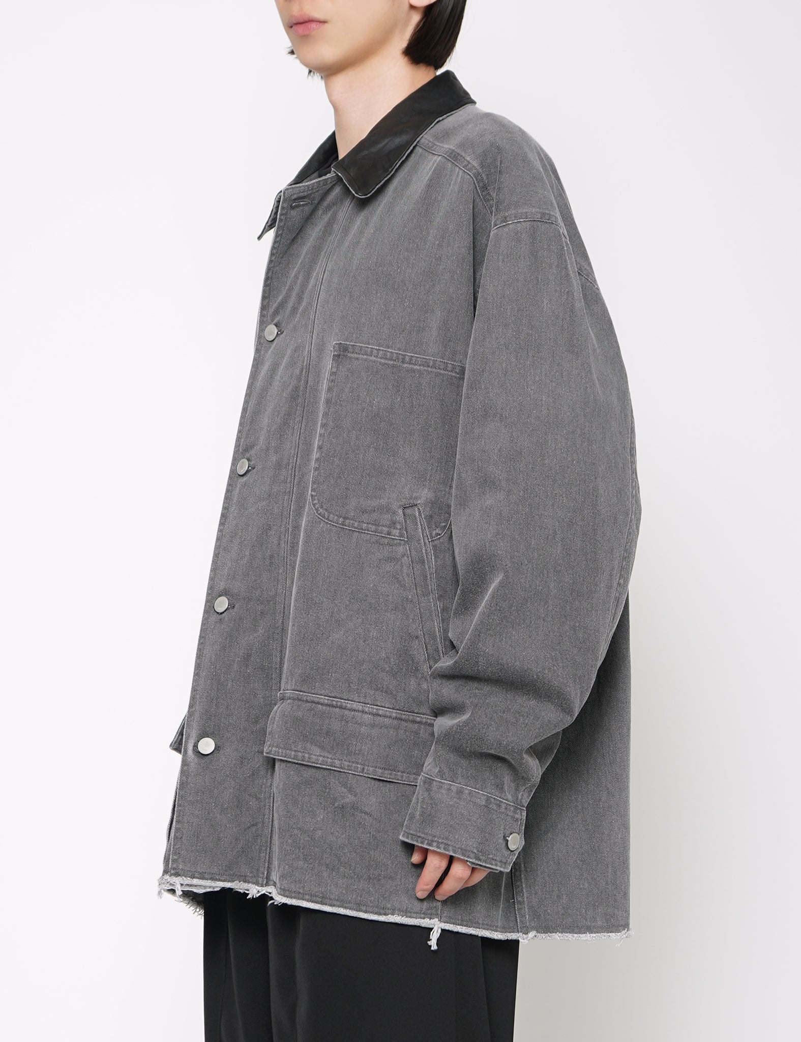 GRAY COTTON COW LEATHER CUT-OFF COVERALL JACKET