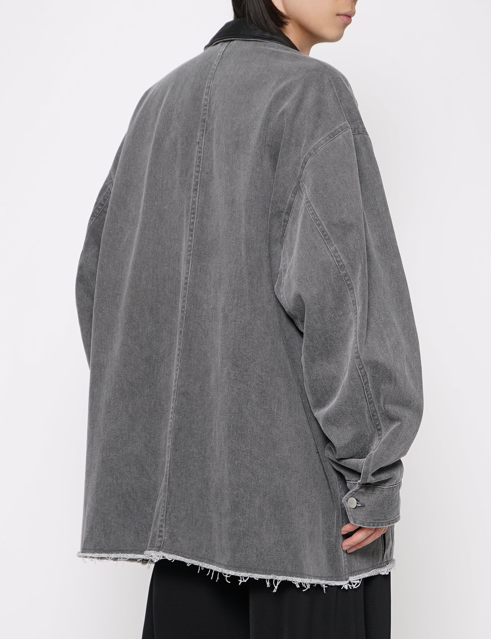 GRAY COTTON COW LEATHER CUT-OFF COVERALL JACKET