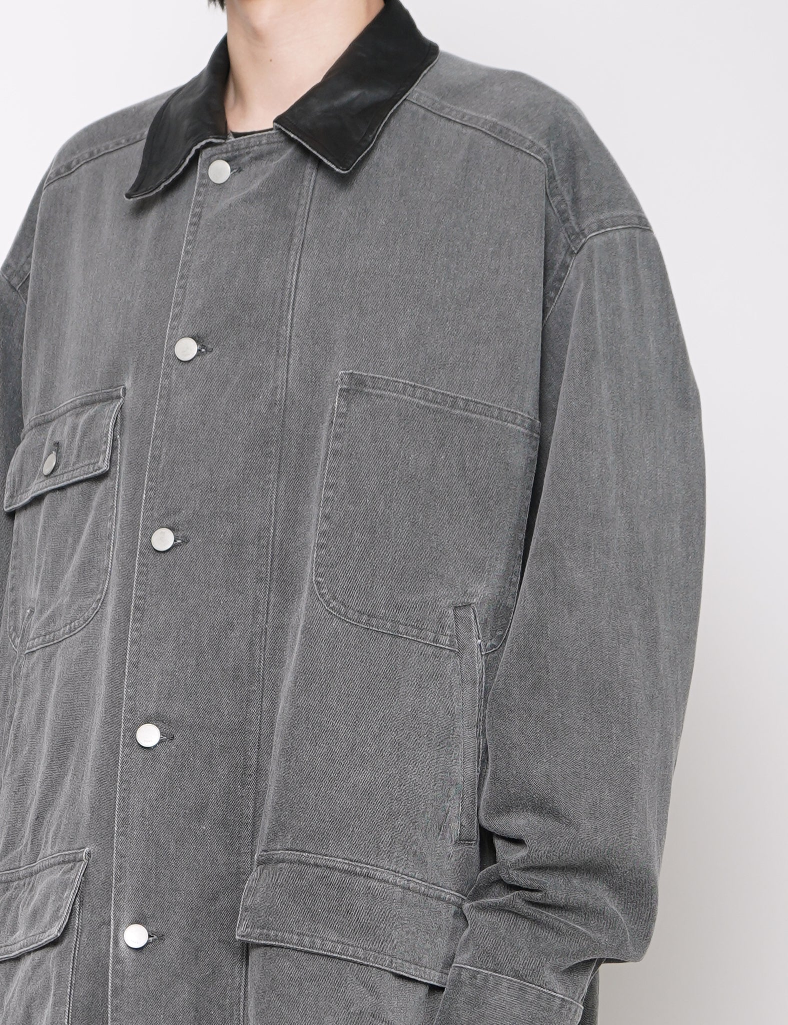 GRAY COTTON COW LEATHER CUT-OFF COVERALL JACKET