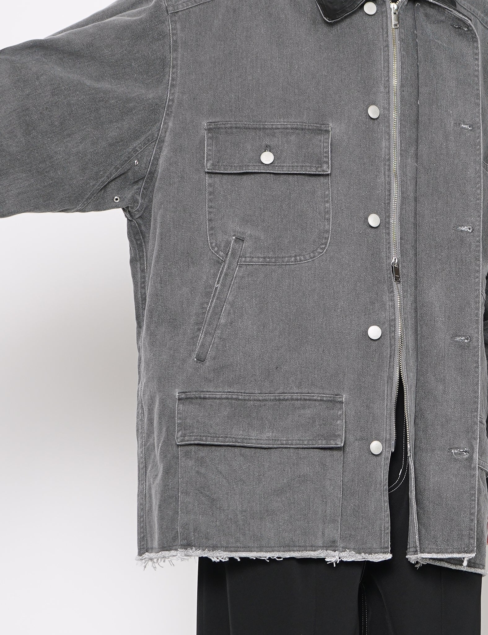 GRAY COTTON COW LEATHER CUT-OFF COVERALL JACKET