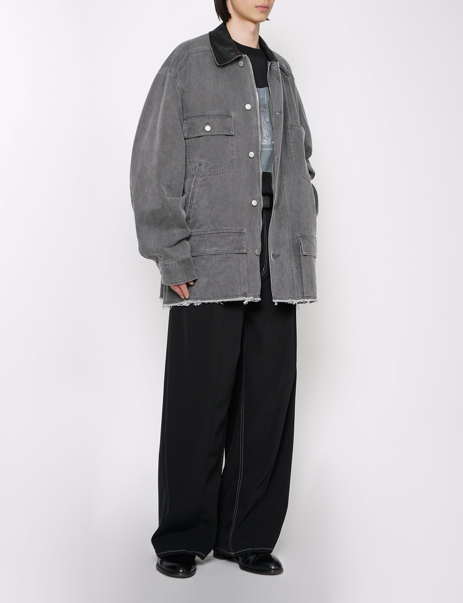 GRAY COTTON COW LEATHER CUT-OFF COVERALL JACKET