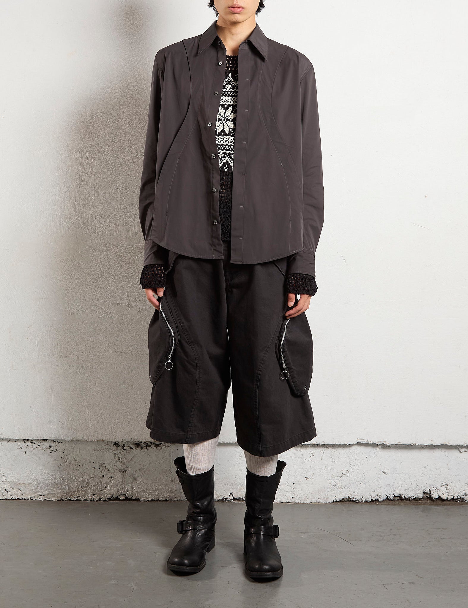 CHARCOAL FLY FRONT PANELLED UTILITY SHIRT