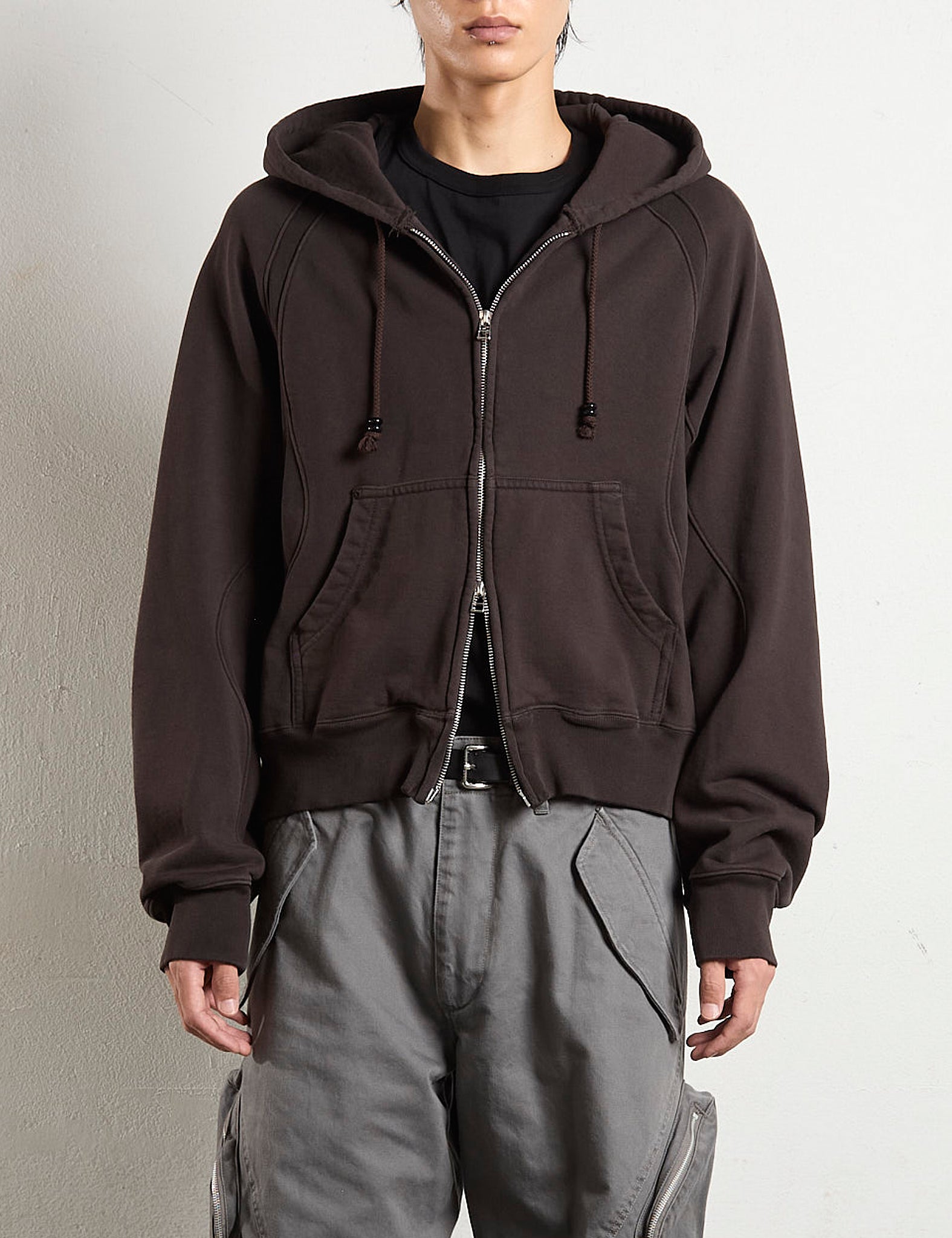 DARK BROWN PANELLED ZIP UP HOODIE