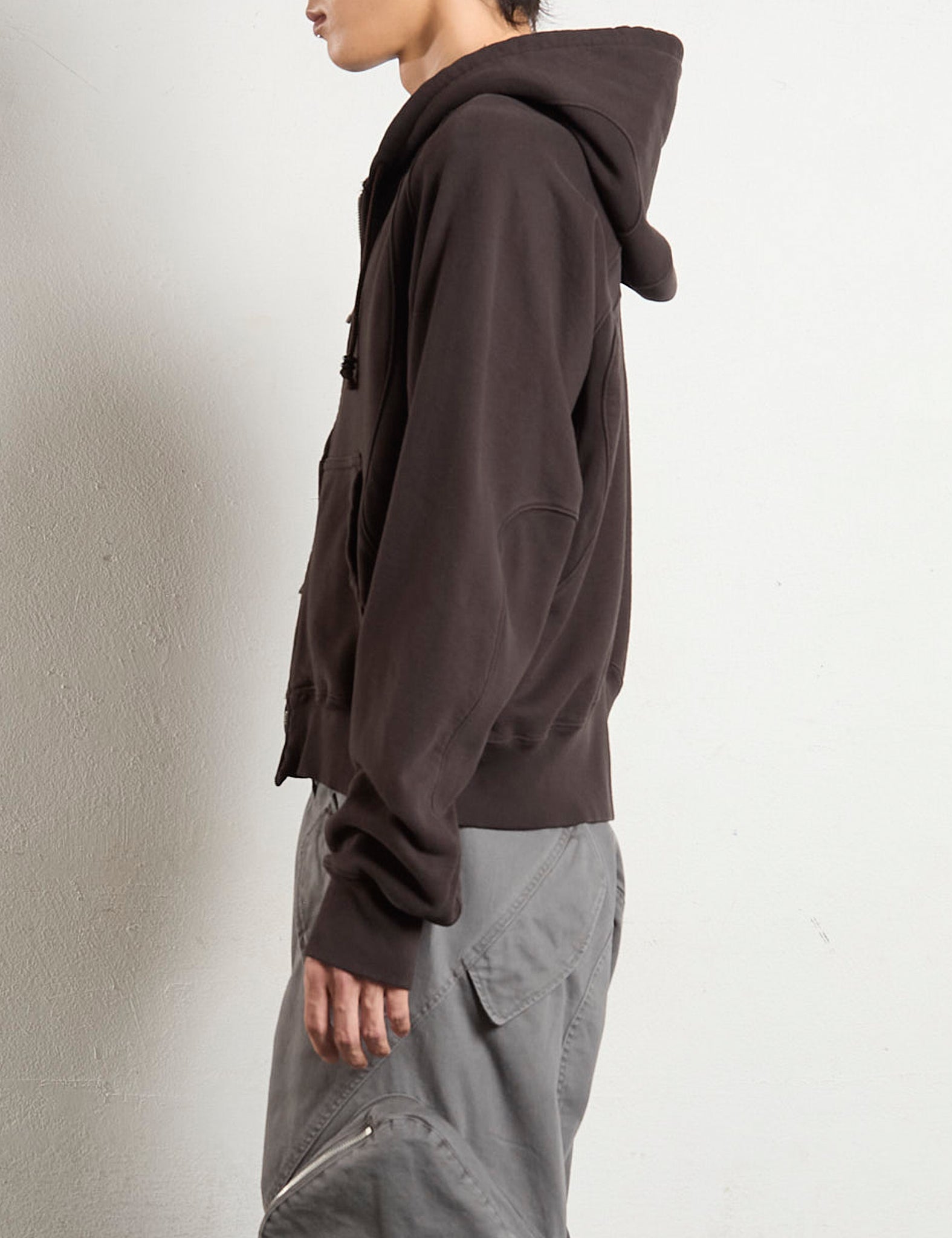 DARK BROWN PANELLED ZIP UP HOODIE