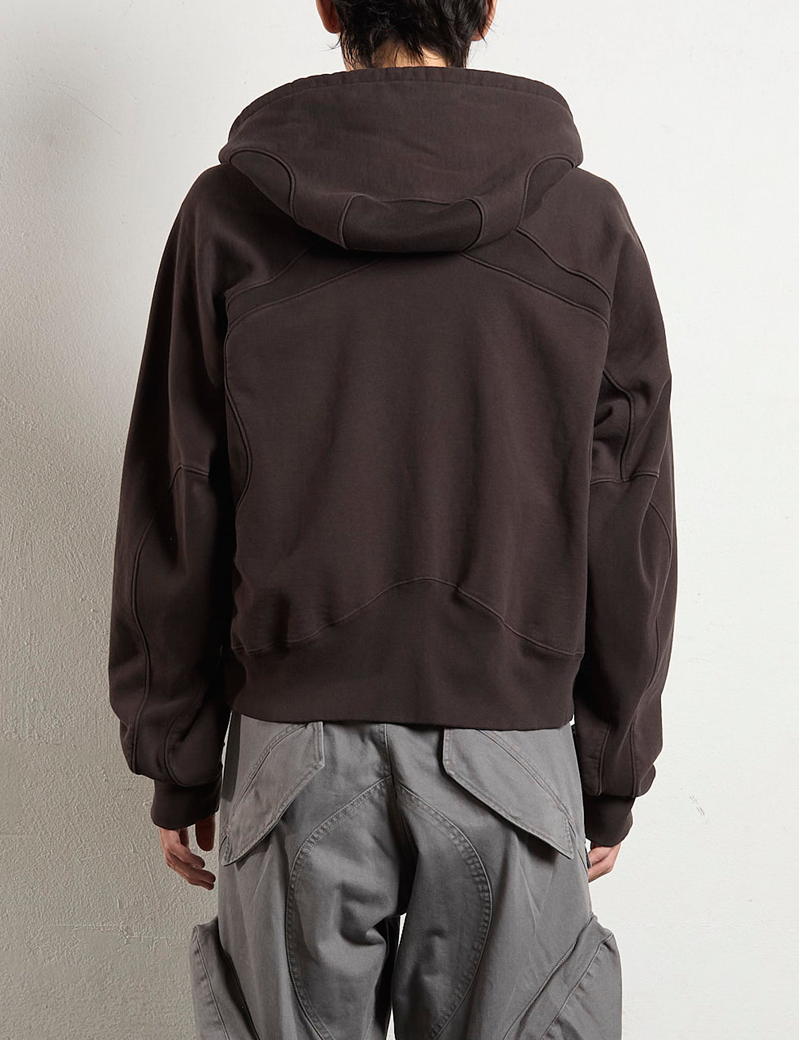 DARK BROWN PANELLED ZIP UP HOODIE