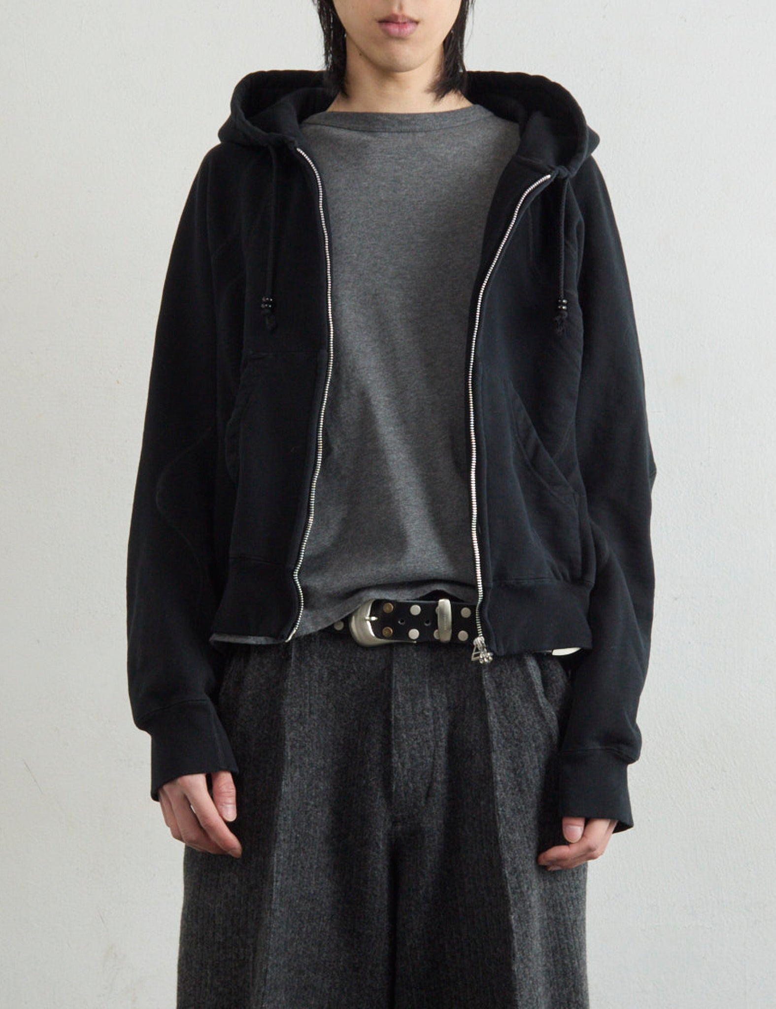 BLACK PANELLED ZIP UP HOODIE