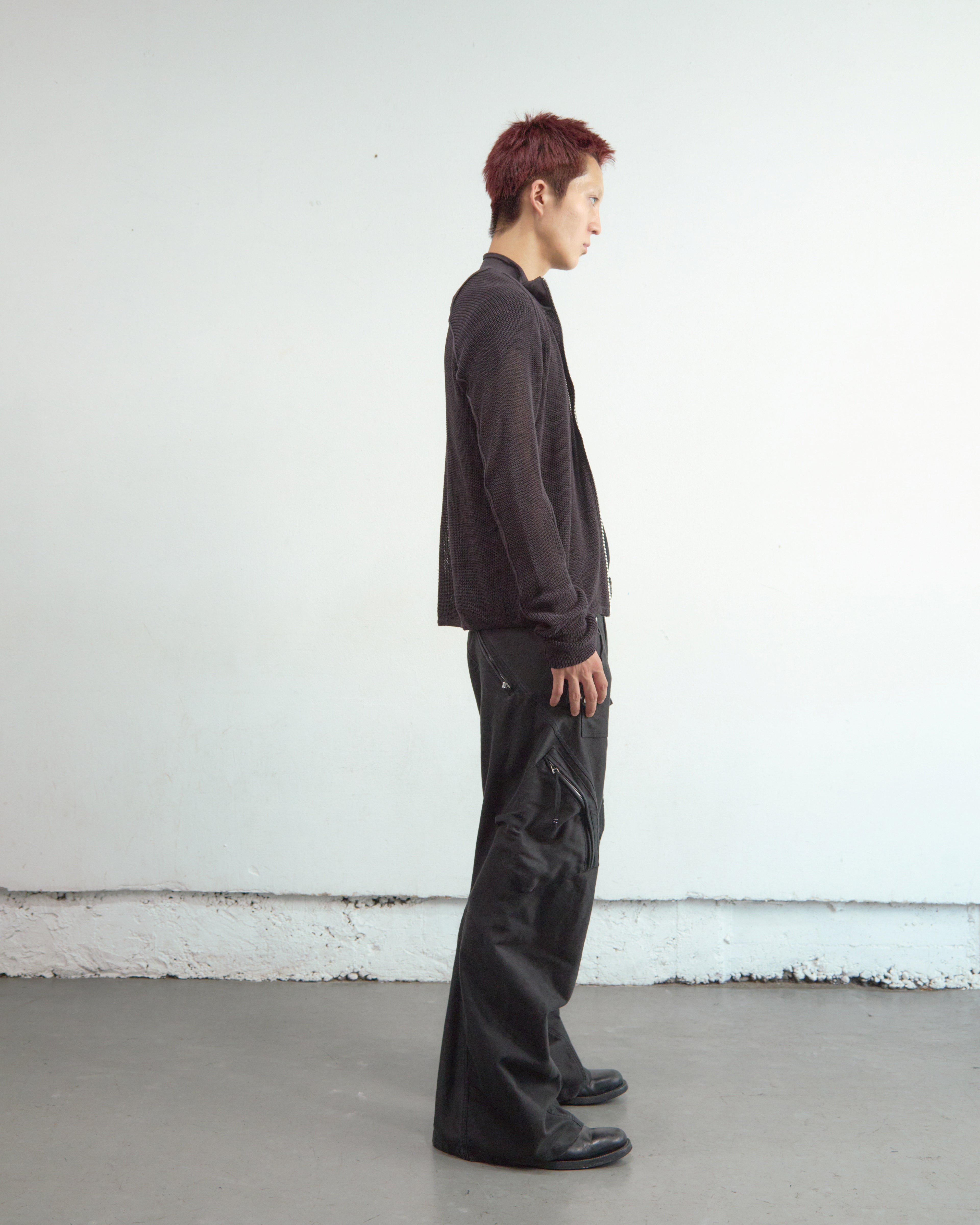 BROWN SEMI SHEER DRIVERS ZIP UP SWEATER