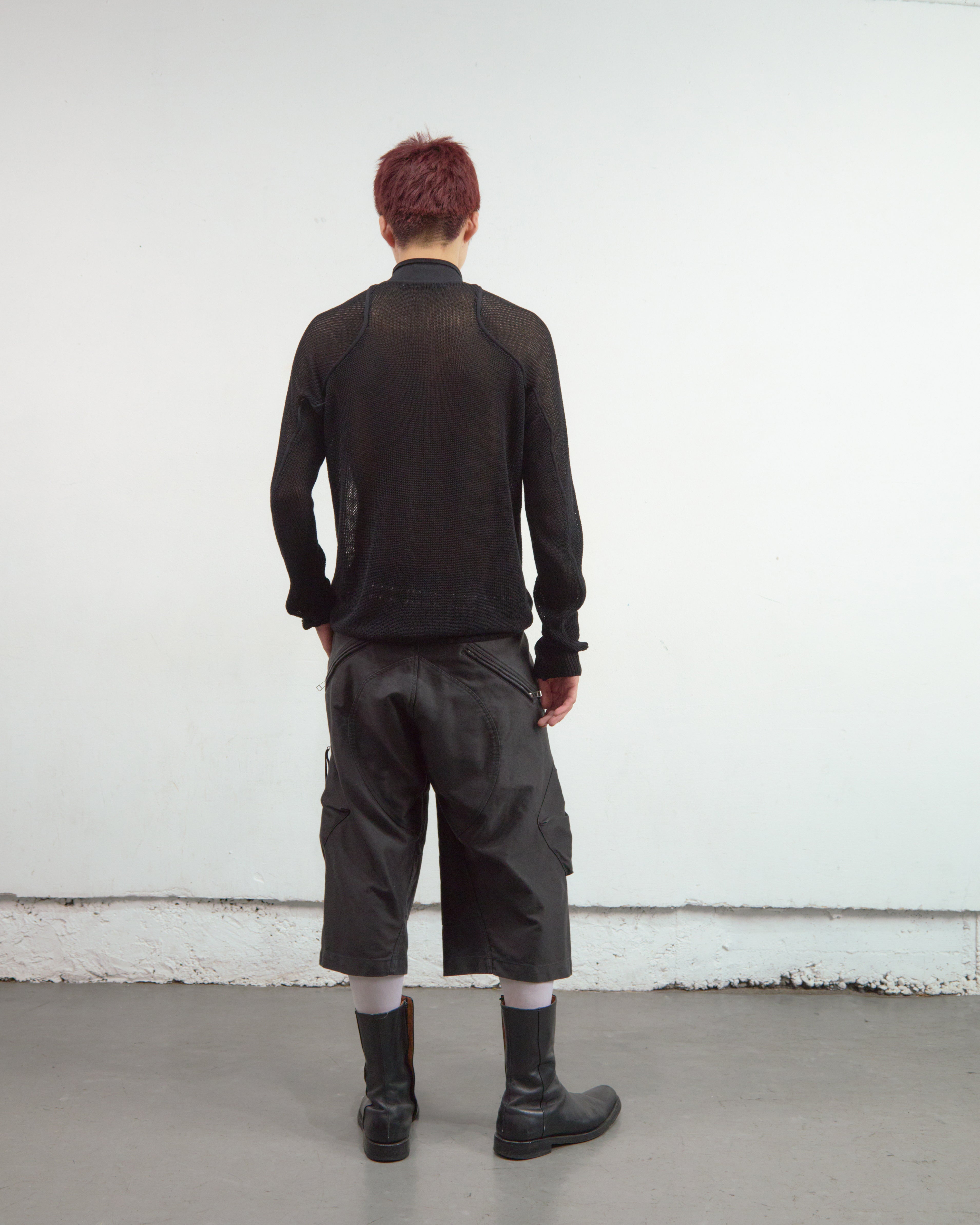 BLACK SEMI SHEER DRIVERS ZIP UP SWEATER