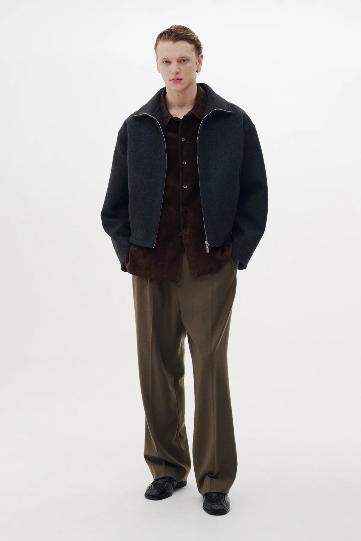 CHARCOAL WOOL CASHMERE BALLOON SILHOUETTE BLOUSON