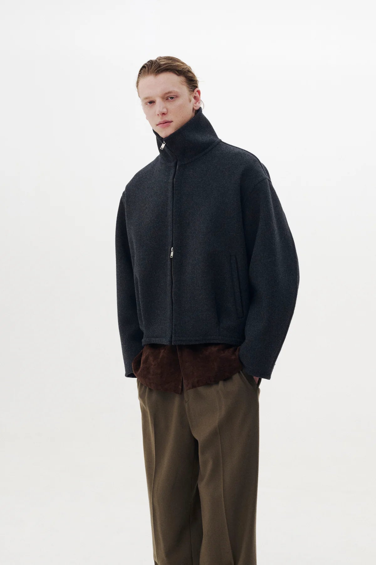 CHARCOAL WOOL CASHMERE BALLOON SILHOUETTE BLOUSON