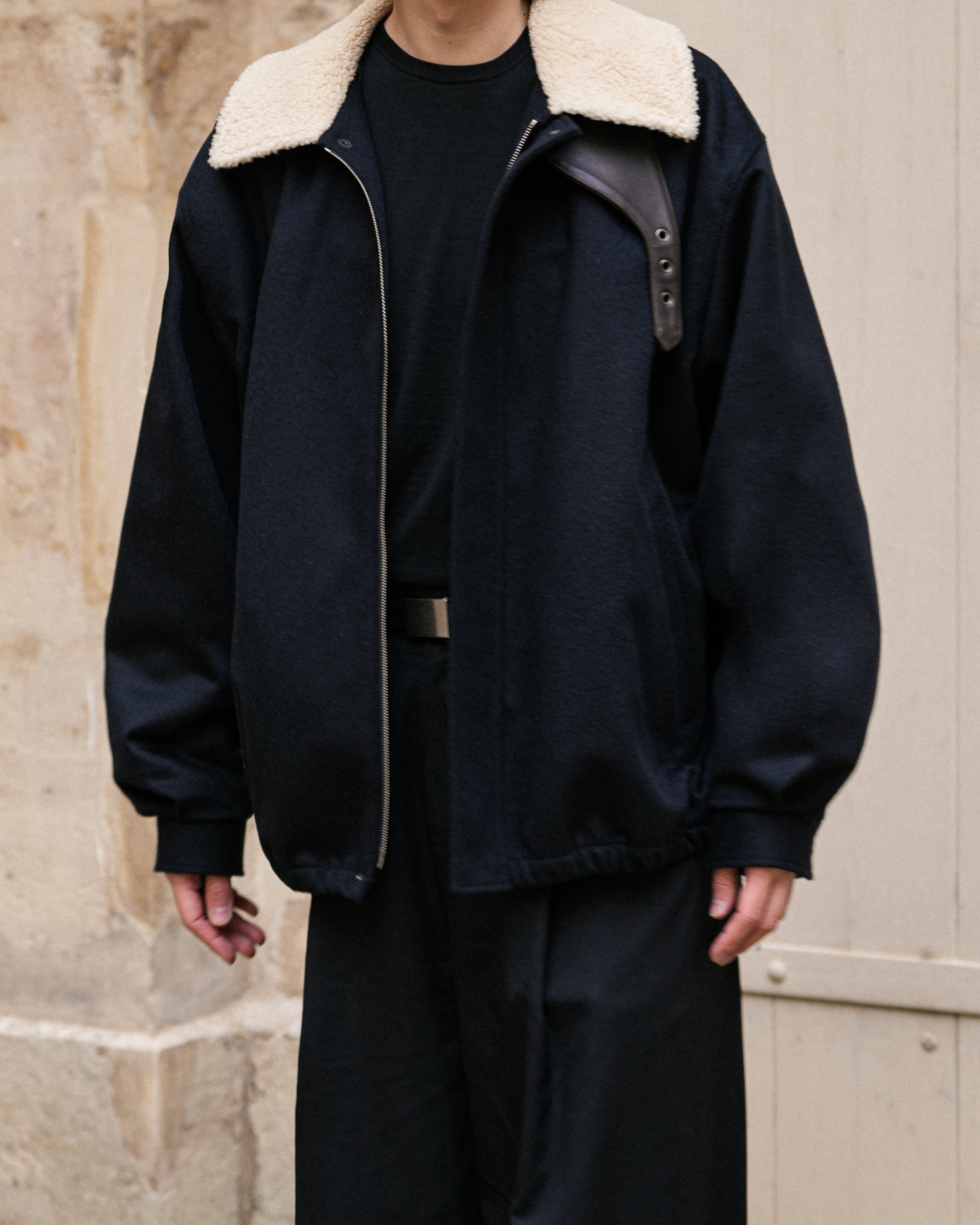 DARK NAVY MOUTON COLLAR WOOL CASHMERE PADDED JACKET