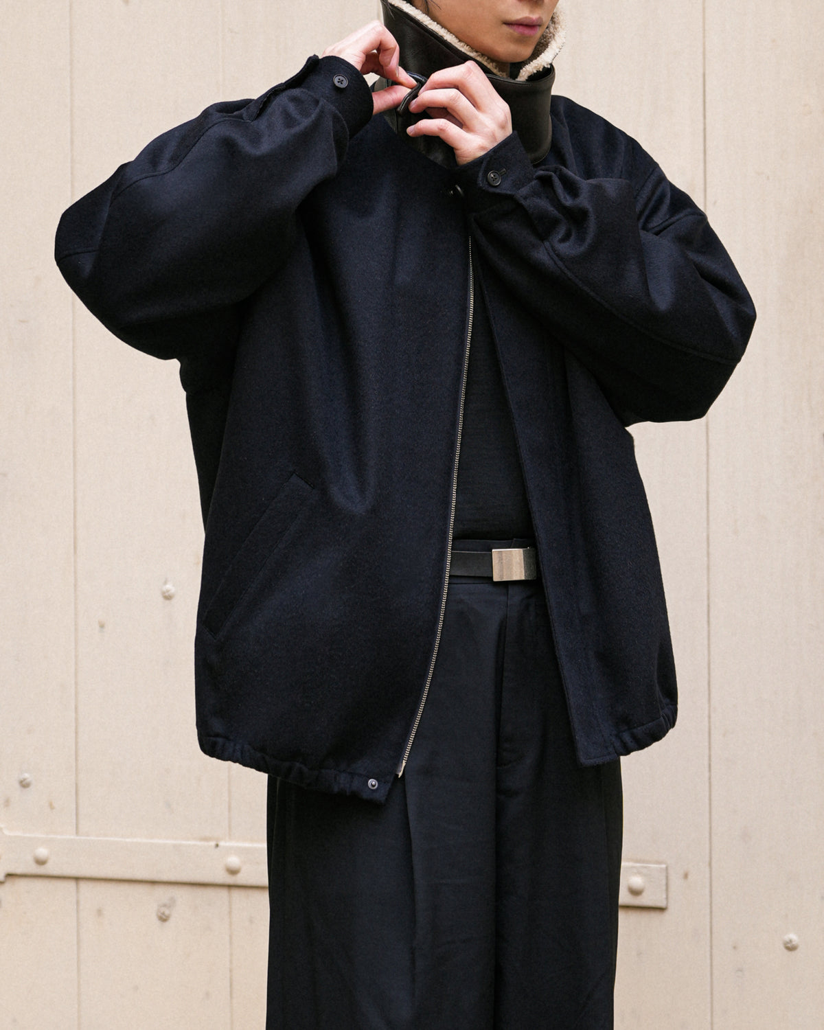 DARK NAVY MOUTON COLLAR WOOL CASHMERE PADDED JACKET