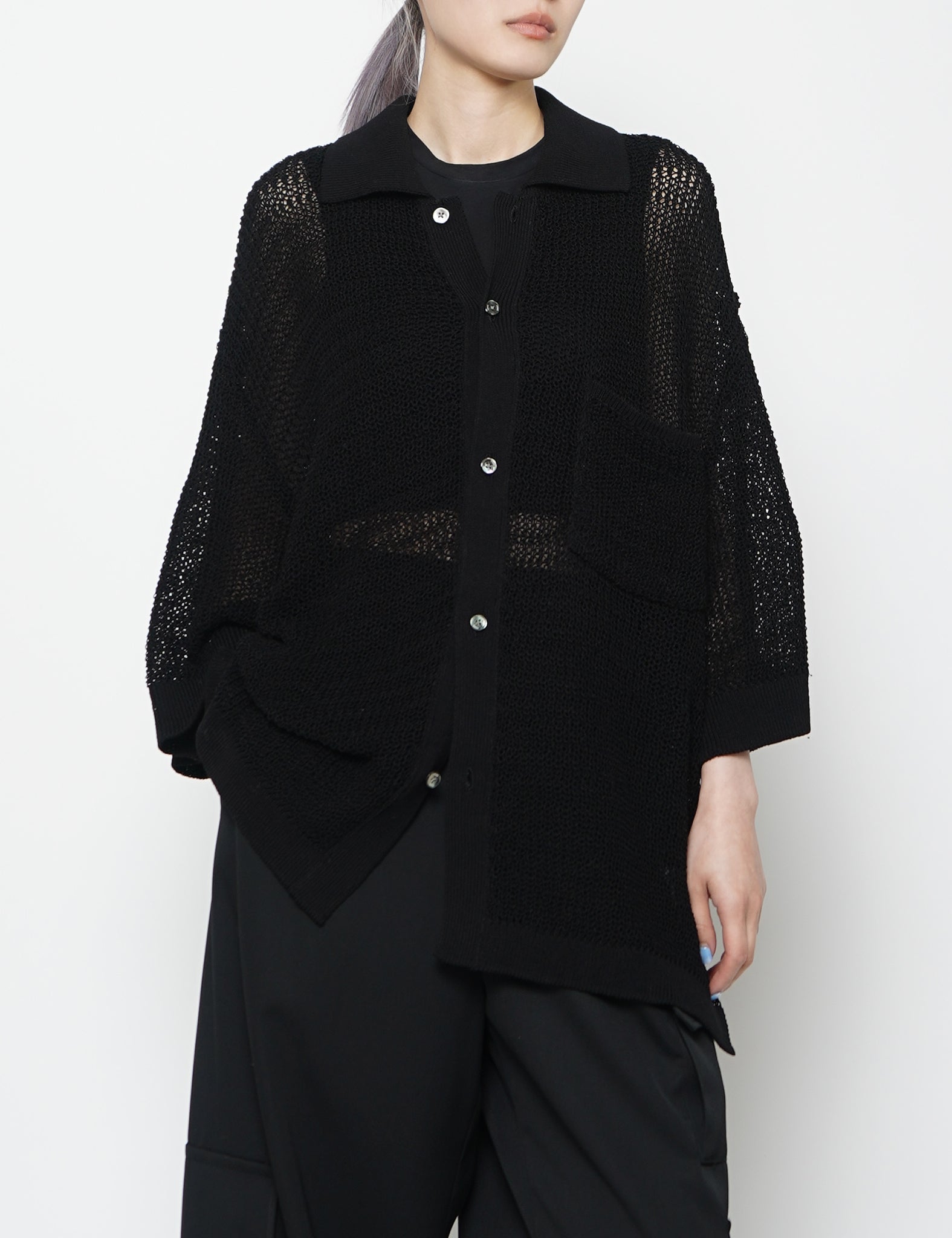 BLACK COTTON MESH KNIT SHIRT