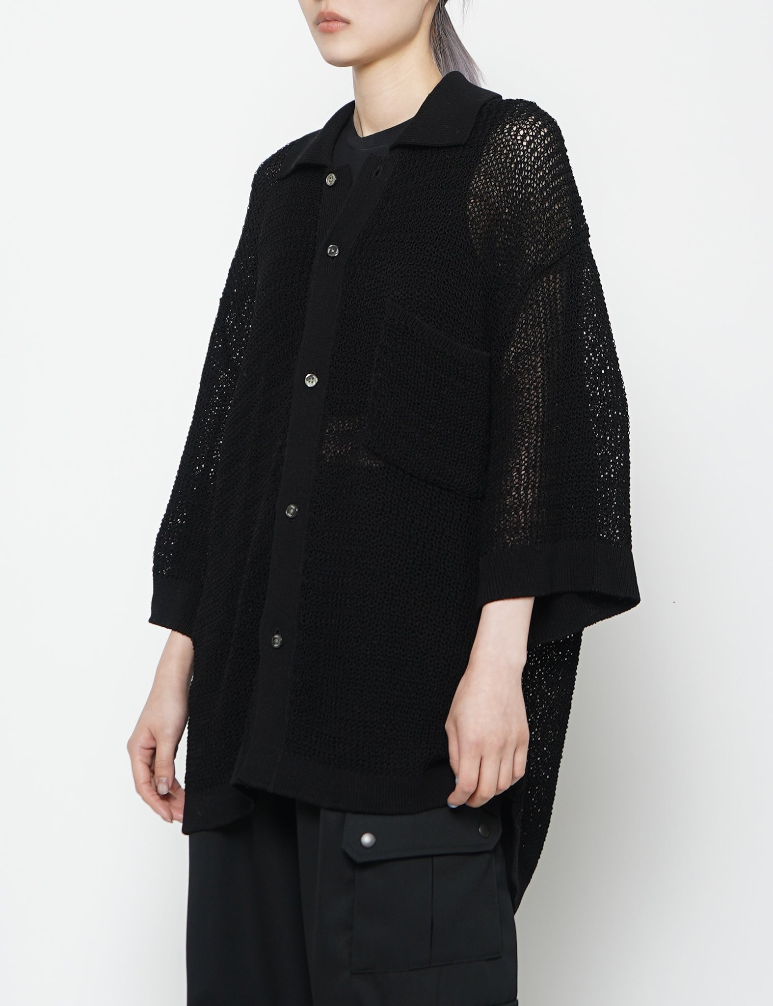 BLACK COTTON MESH KNIT SHIRT