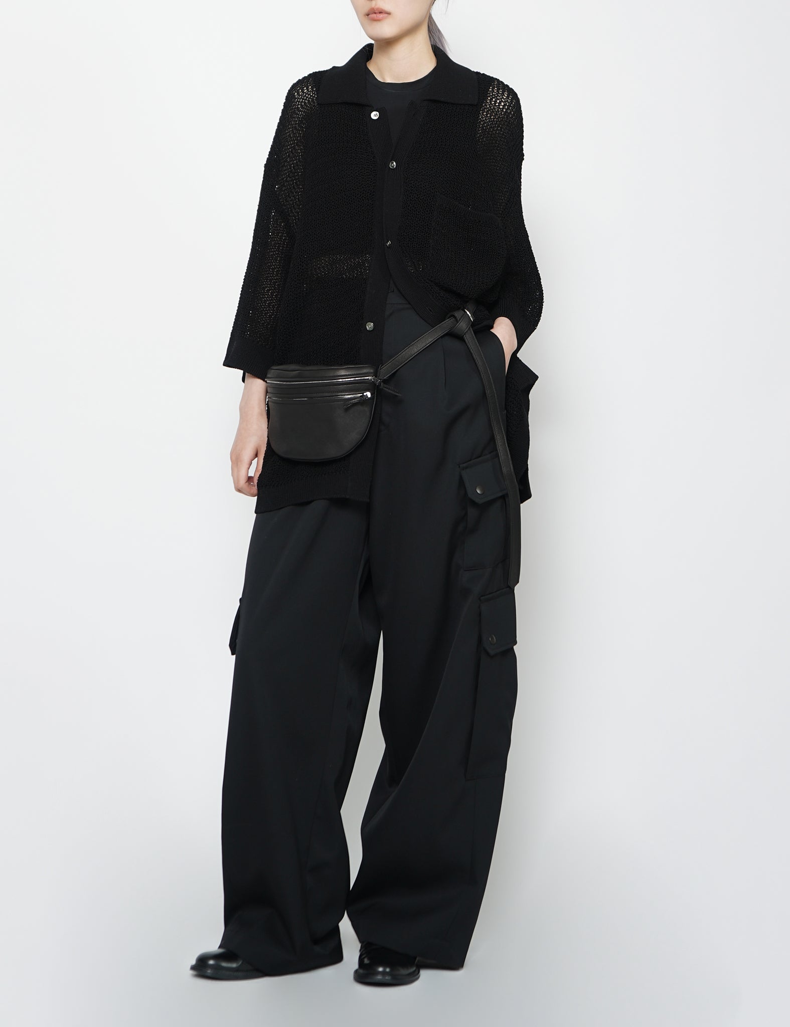 BLACK COTTON MESH KNIT SHIRT