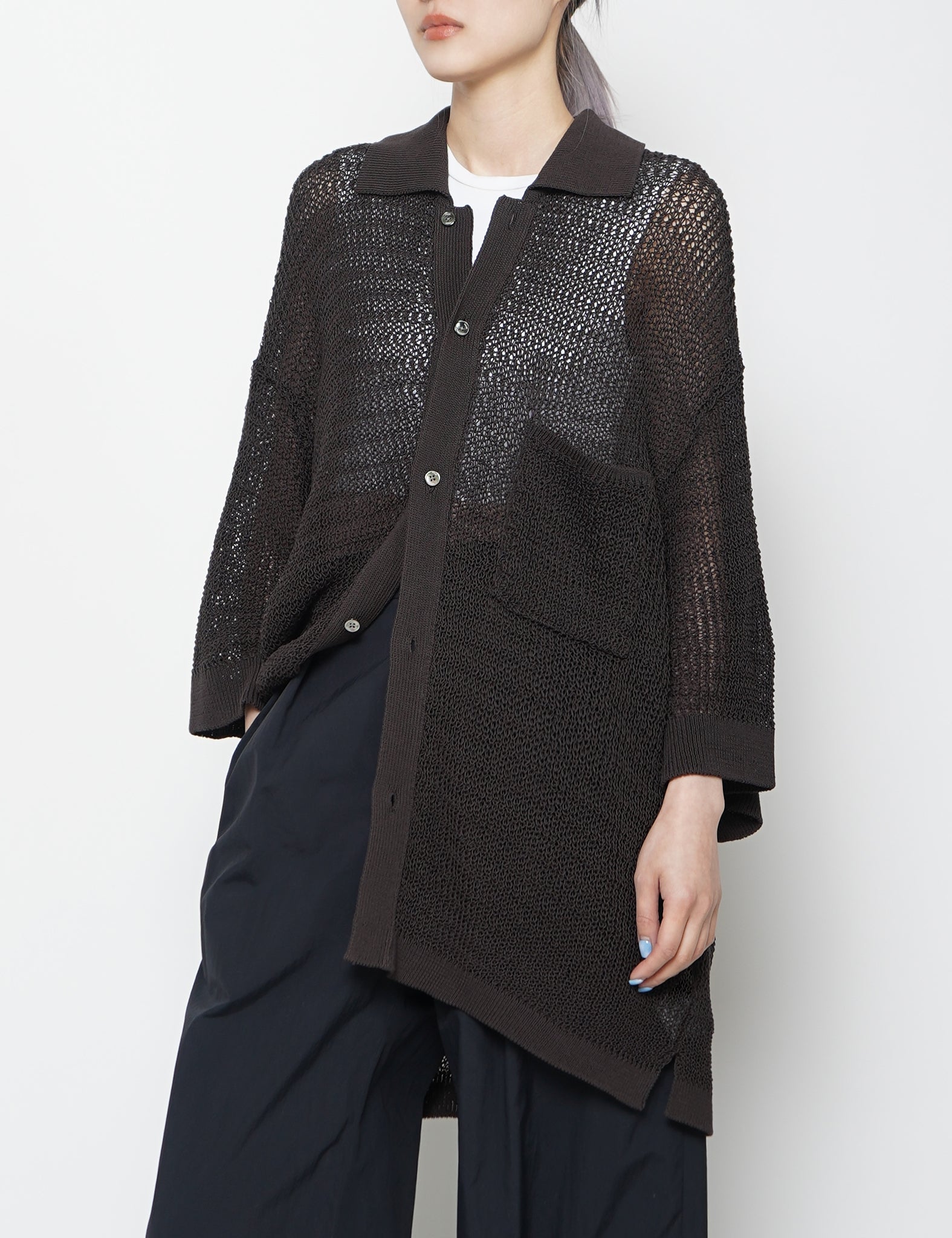 BROWN COTTON MESH KNIT SHIRT