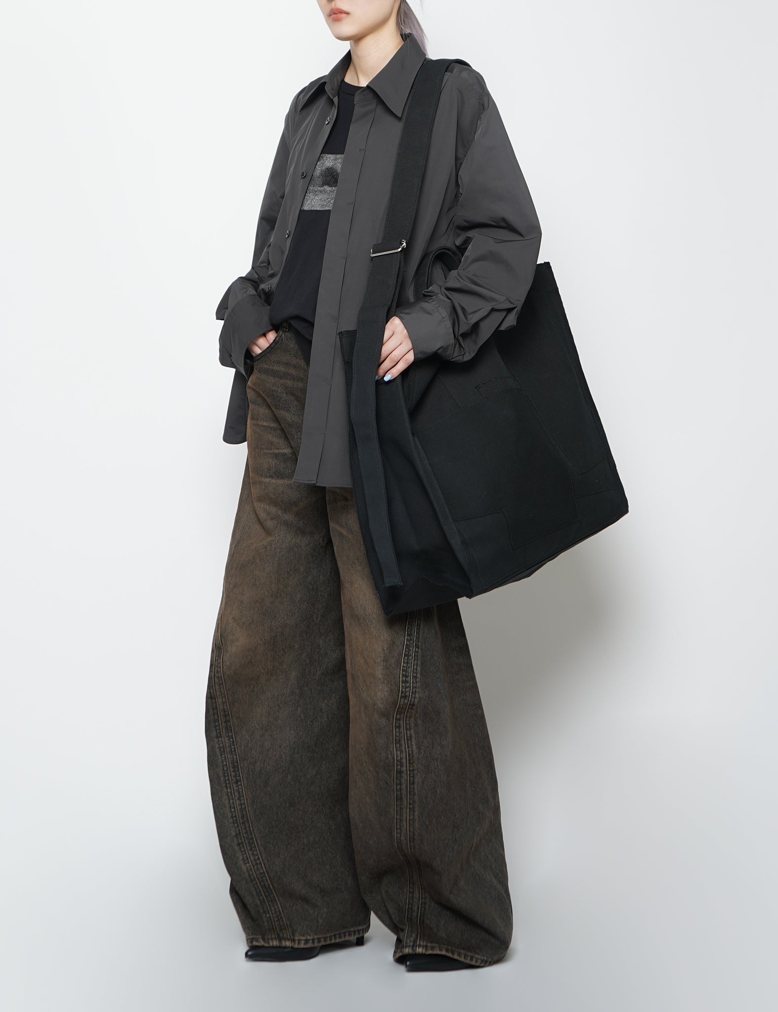 BLACK CUT & LAYERED CANVAS TOTE BAG