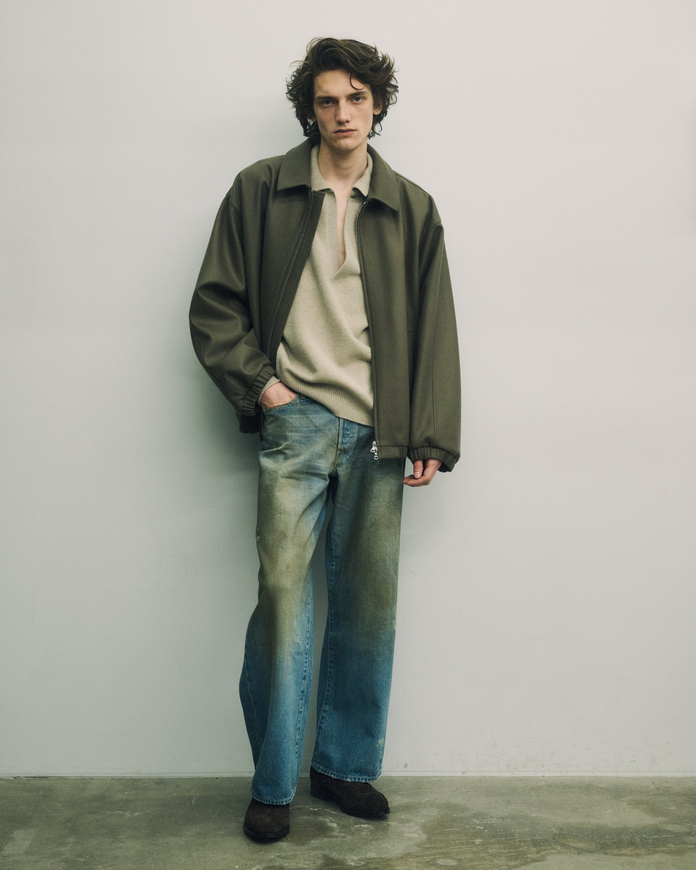 DARK BEIGE MELTON OVERSIZED ZIP JACKET