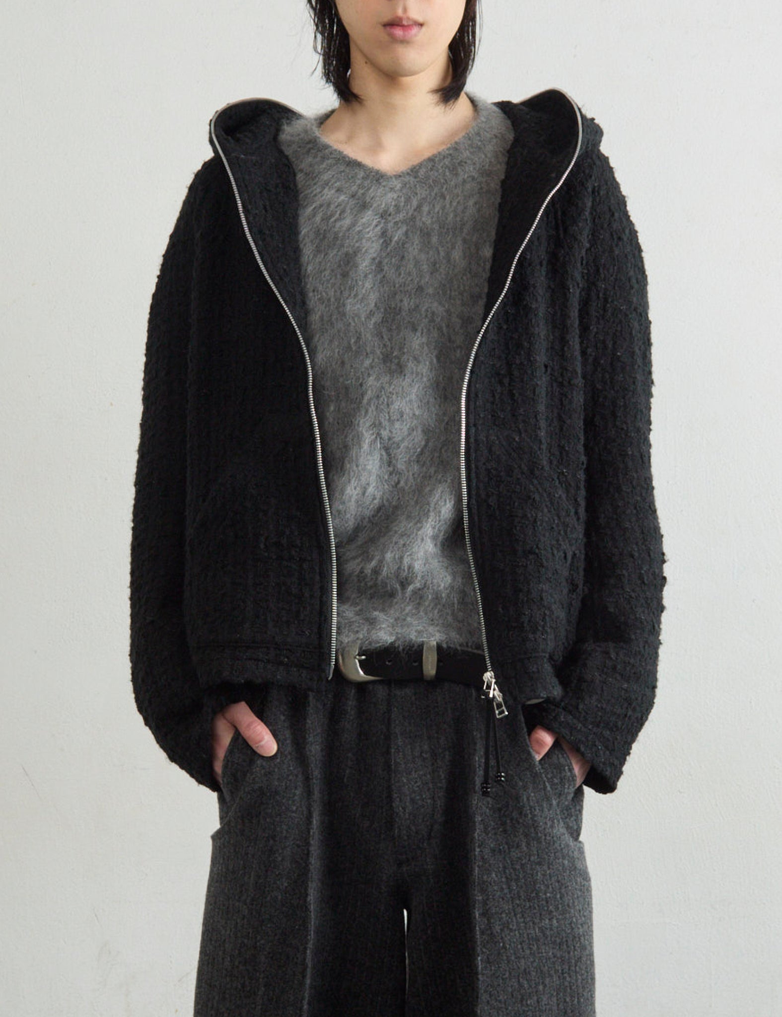 BLACK TWEED FULL ZIP UP HOODIE