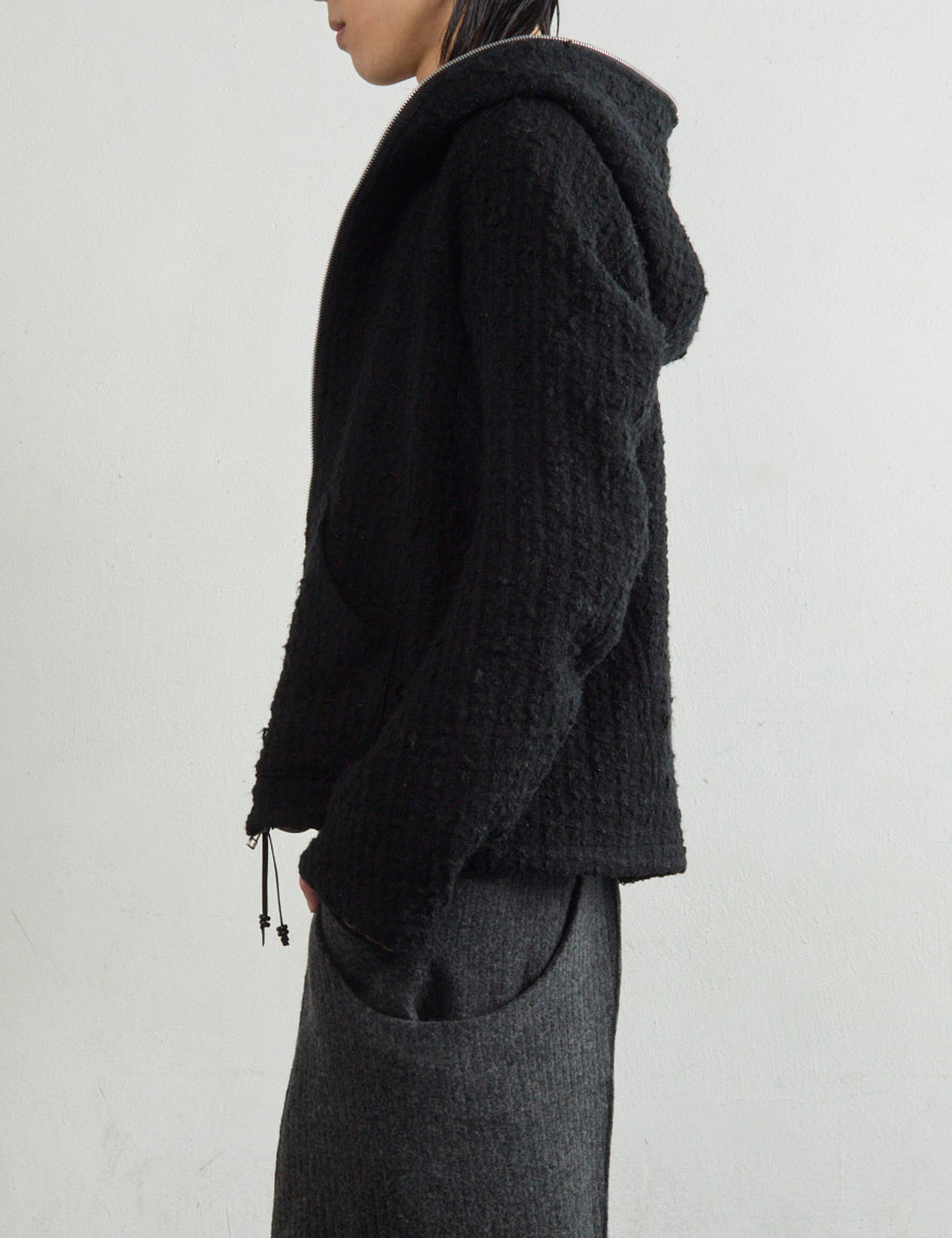 BLACK TWEED FULL ZIP UP HOODIE