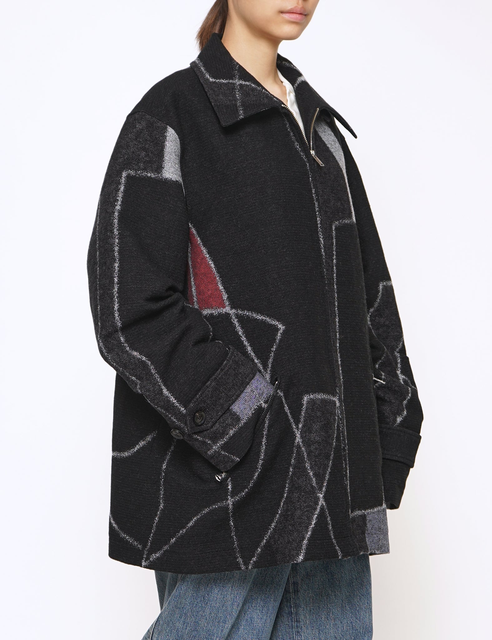 BLACK JACQUARD ZIP BLOUSON