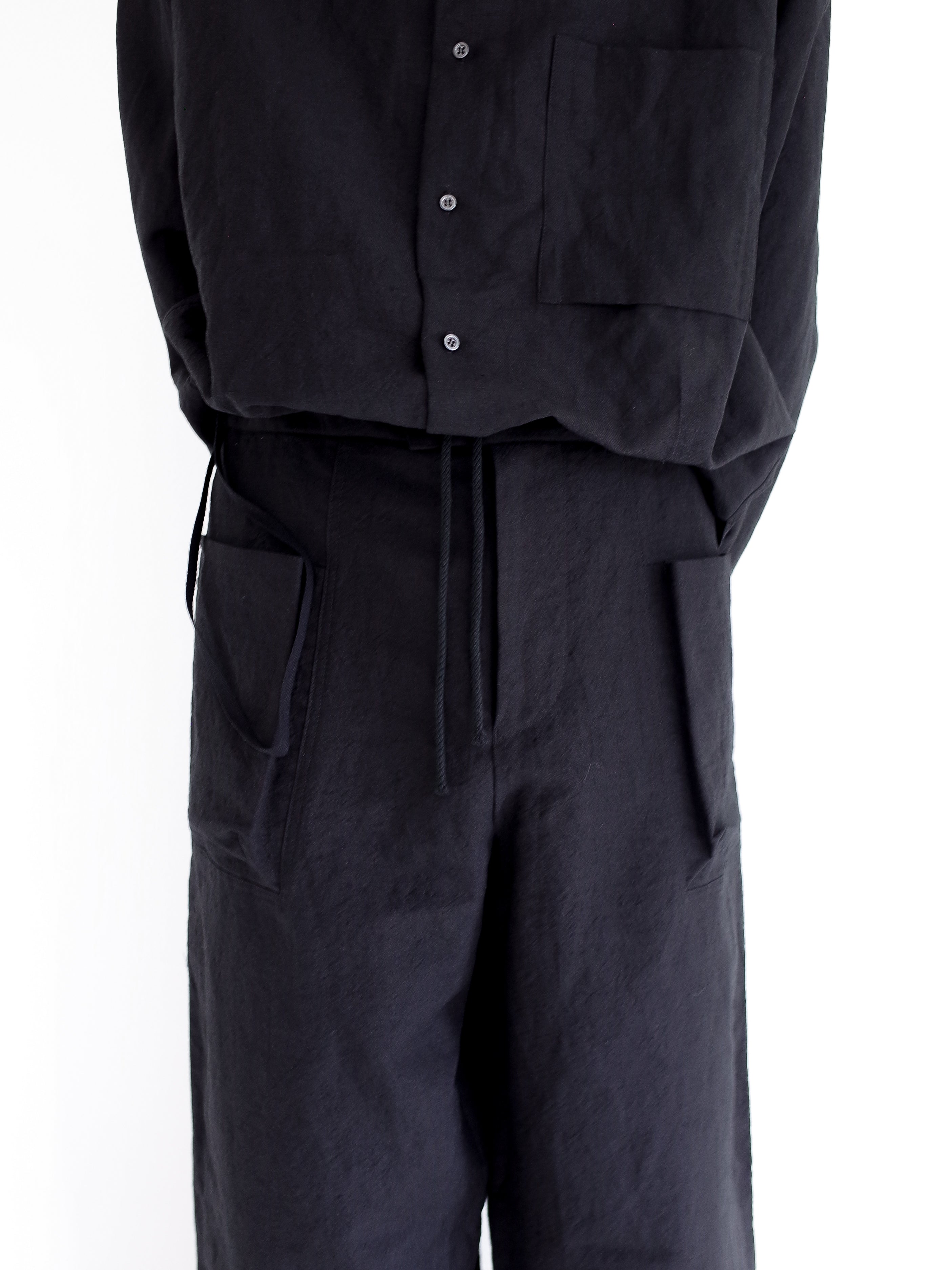 BLACK WOOL LINEN WIDE TROUSERS