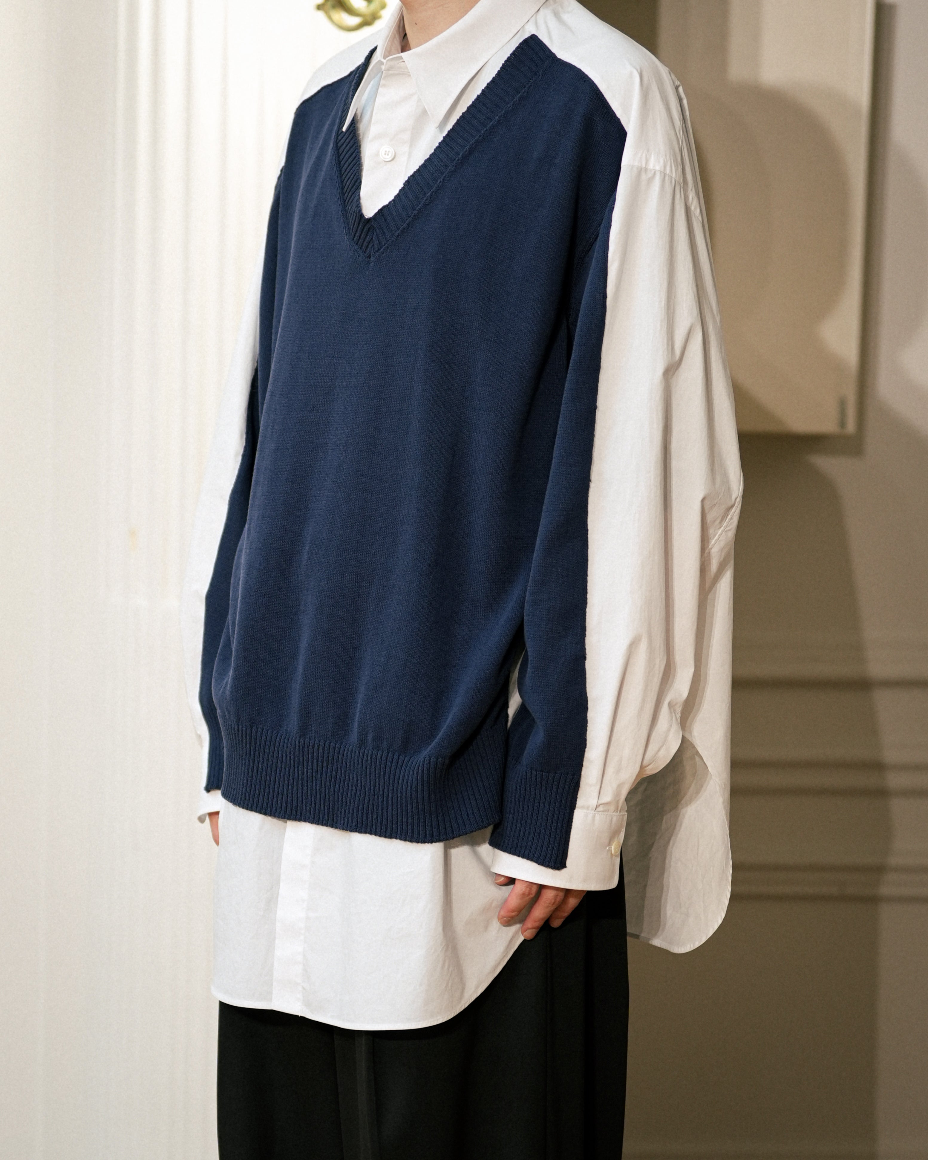 WHITE COTTON POPLIN SHIRT WITH KNITTED FRONT