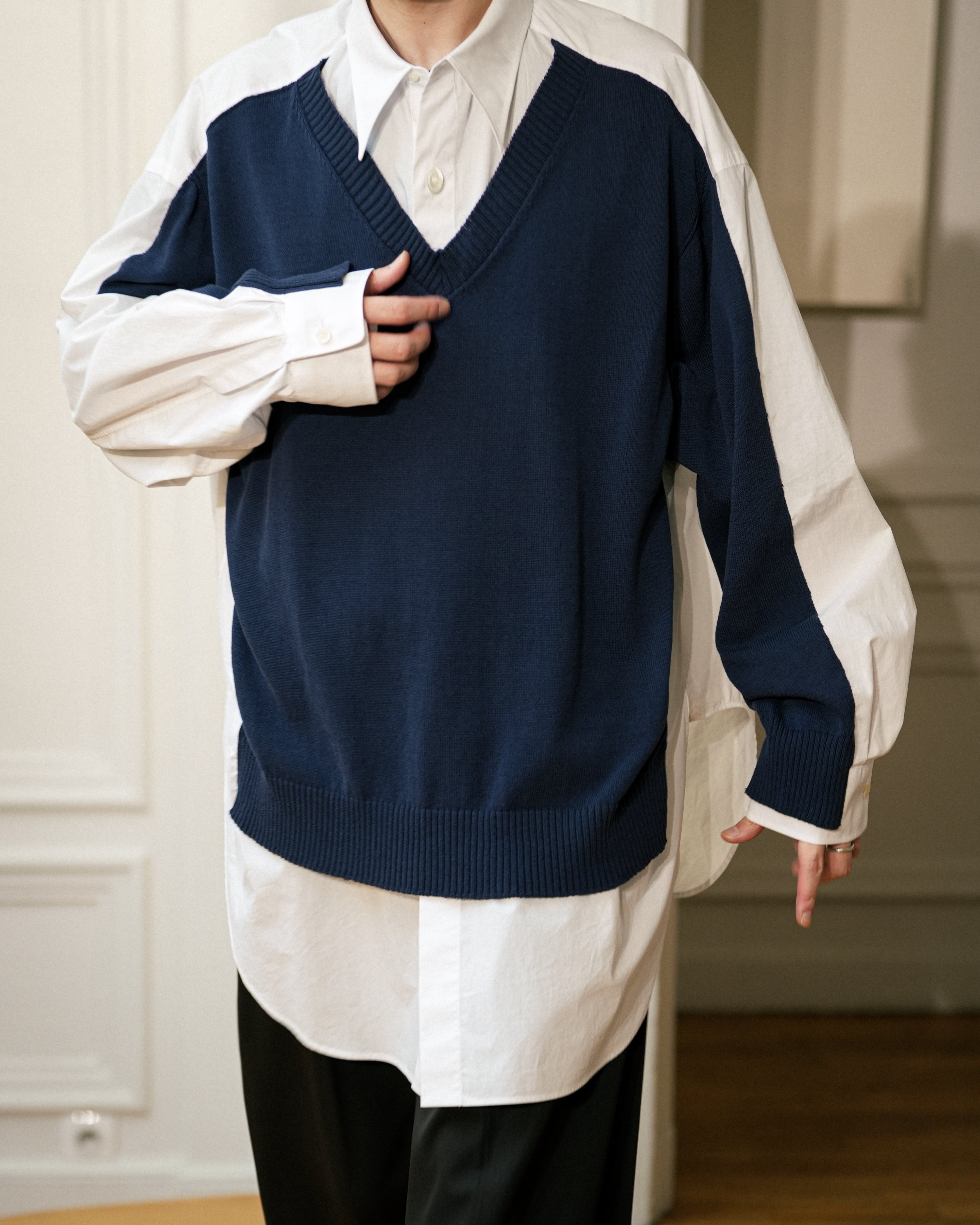 WHITE COTTON POPLIN SHIRT WITH KNITTED FRONT