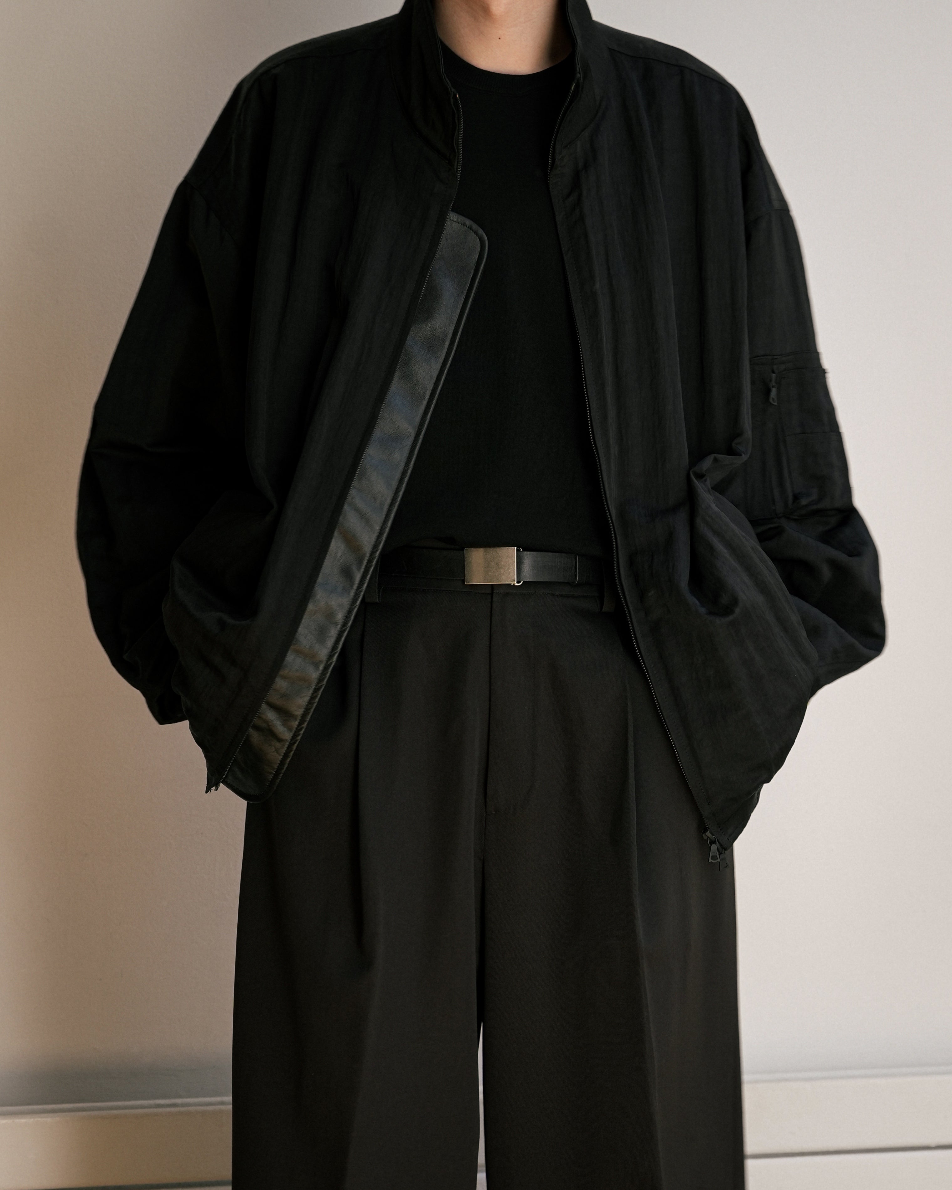 BLACK SHRUNK NYLON OVERSIZED FLIGHT JACKET