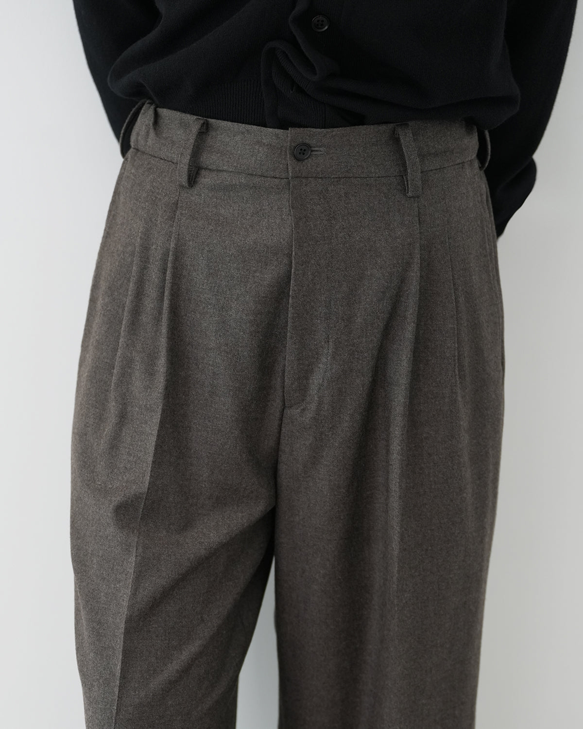 CHARCOAL BROWN EXTRA FINE WOOL EASY LONG WIDE TROUSERS