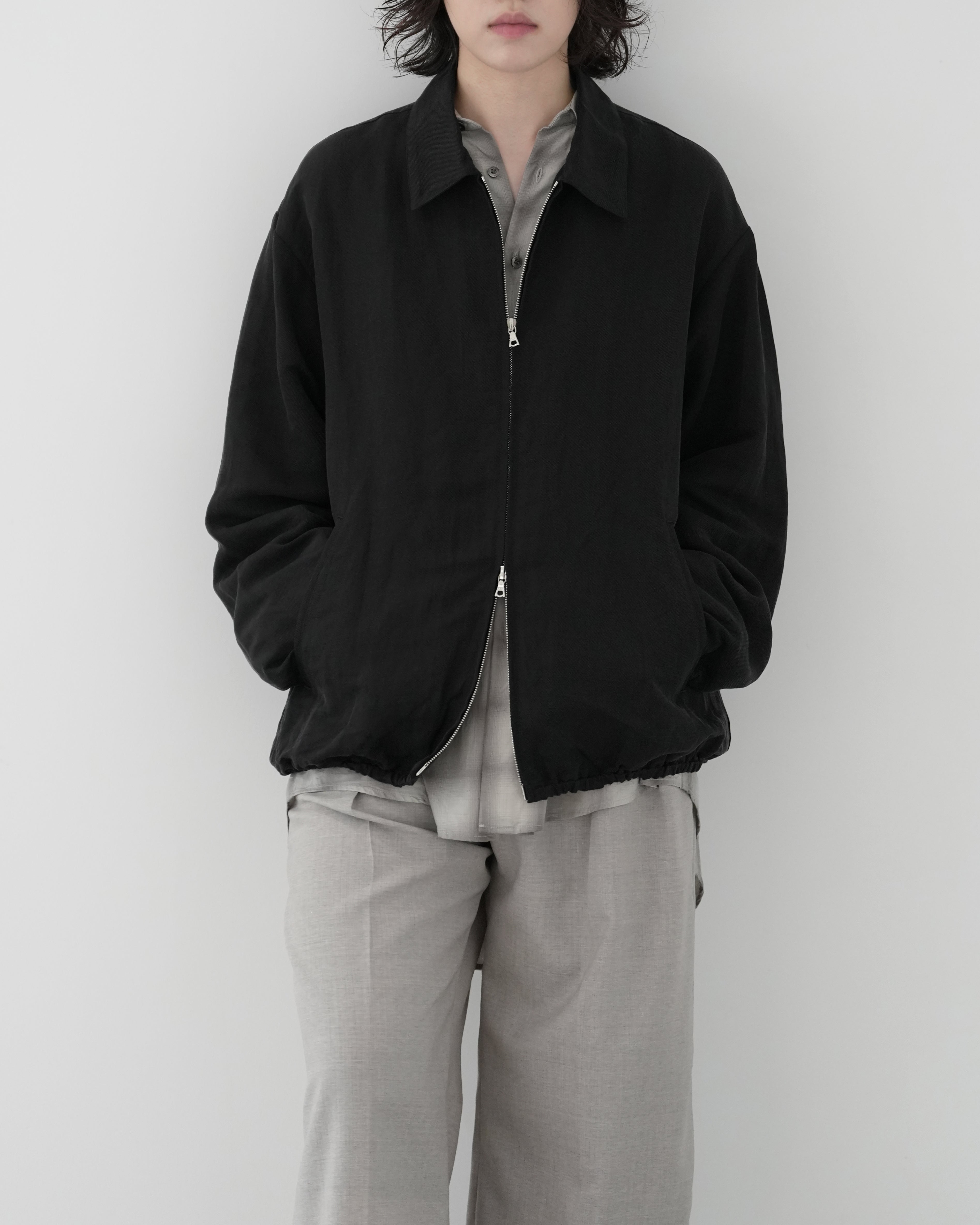 BLACK SILK LINEN TWILL LIGHT ZIP JACKET