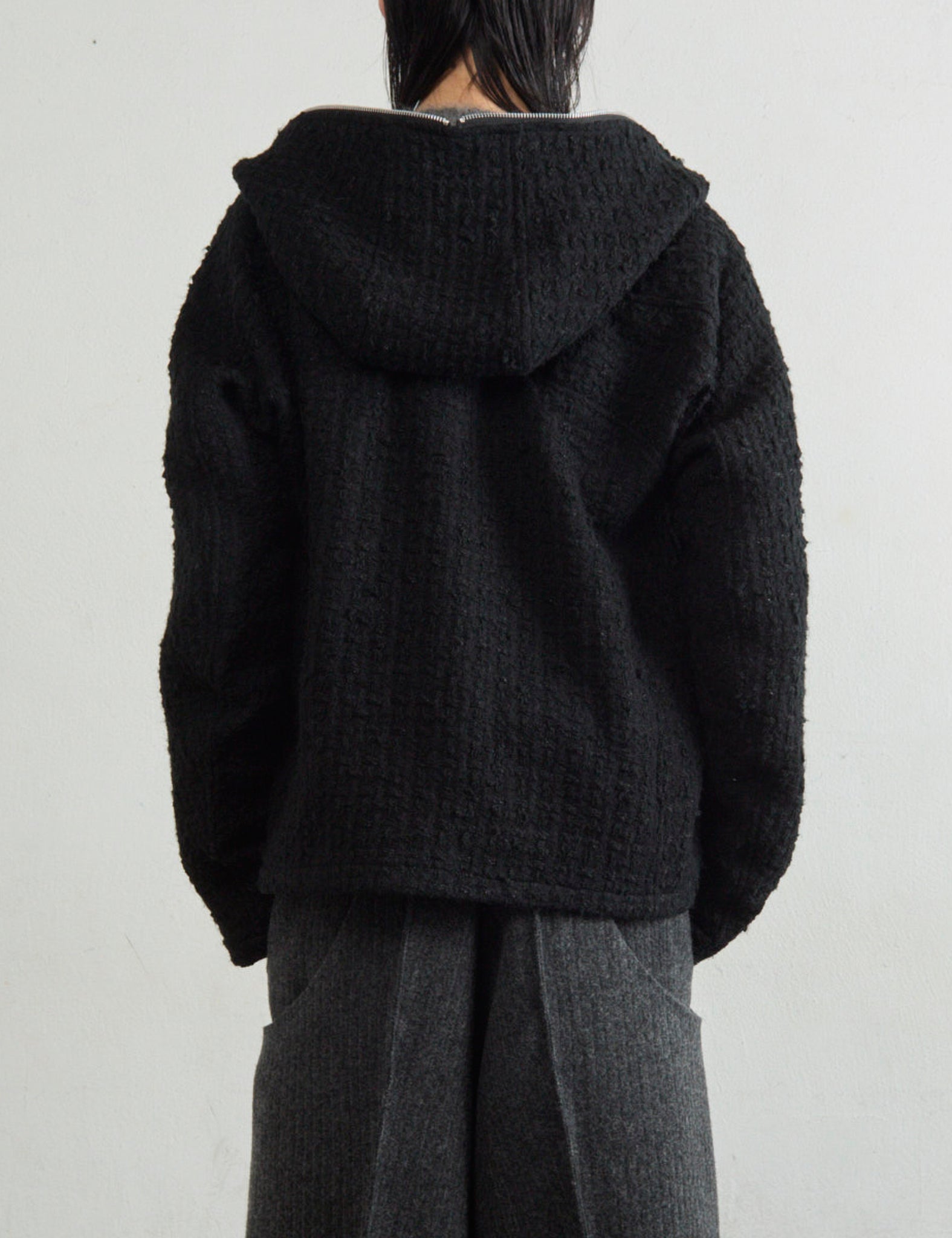 BLACK TWEED FULL ZIP UP HOODIE