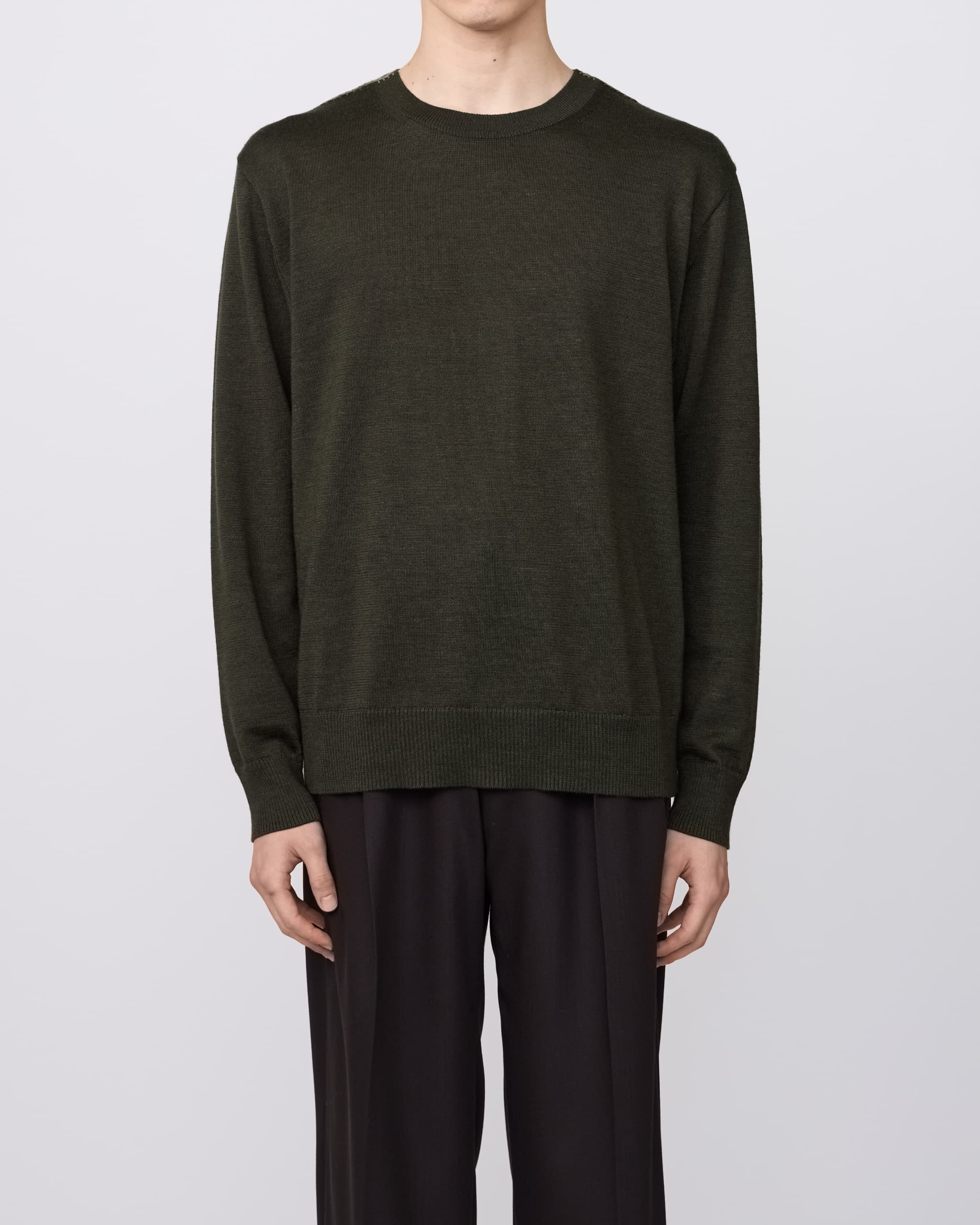 GREEN BROWN EMBROIDERED KNIT PULLOVER