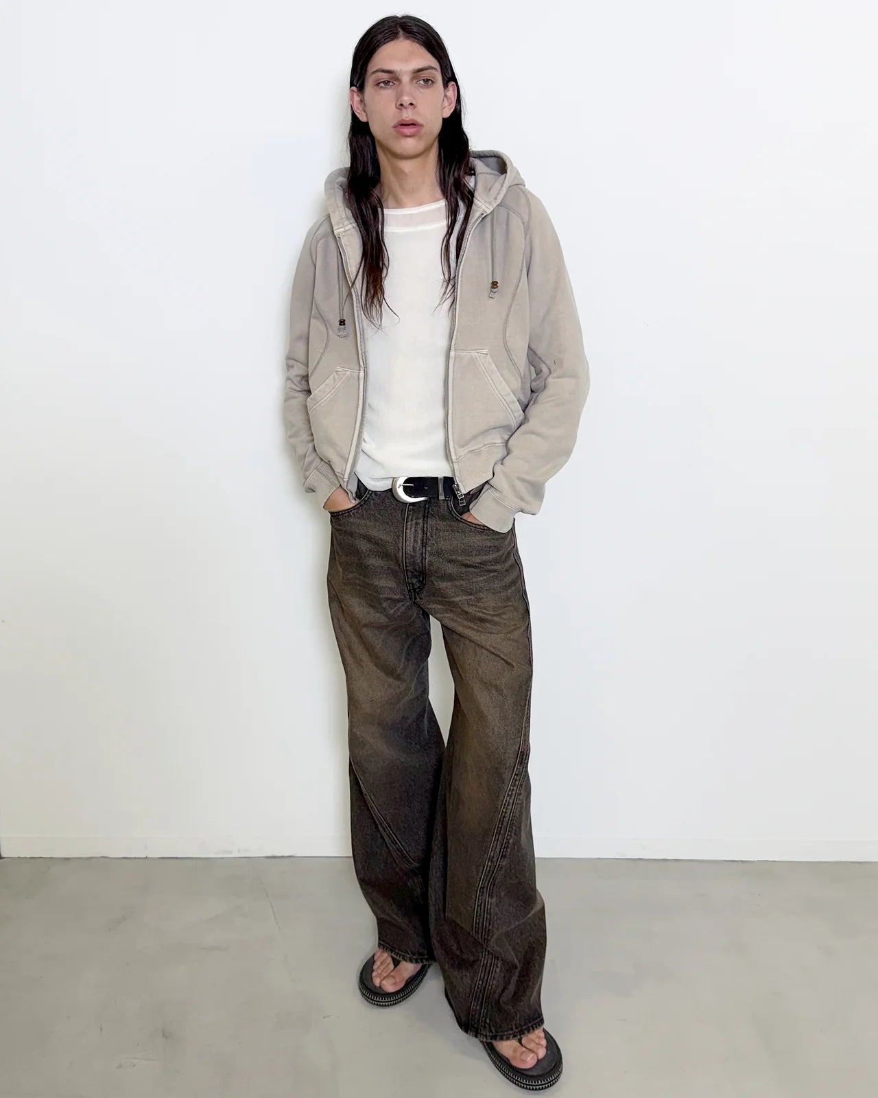 TAUPE PANELLED ZIP UP HOODIE