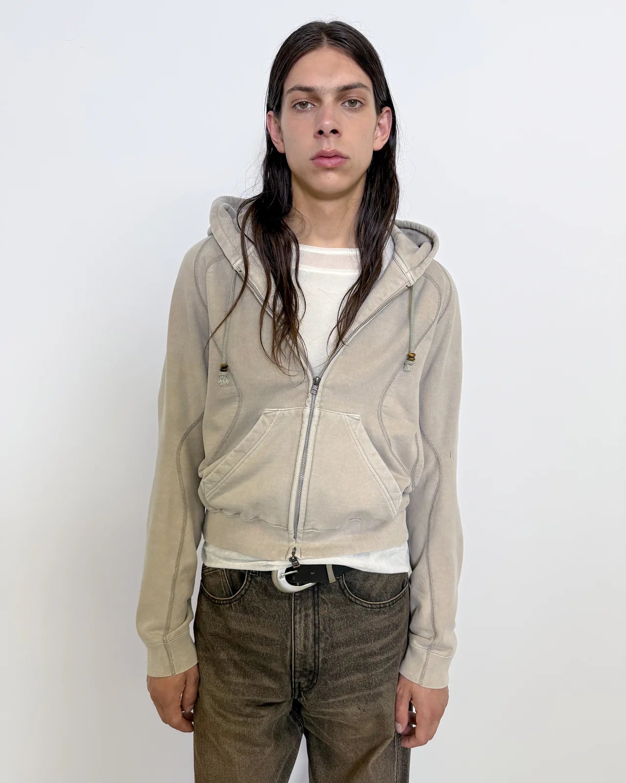 TAUPE PANELLED ZIP UP HOODIE