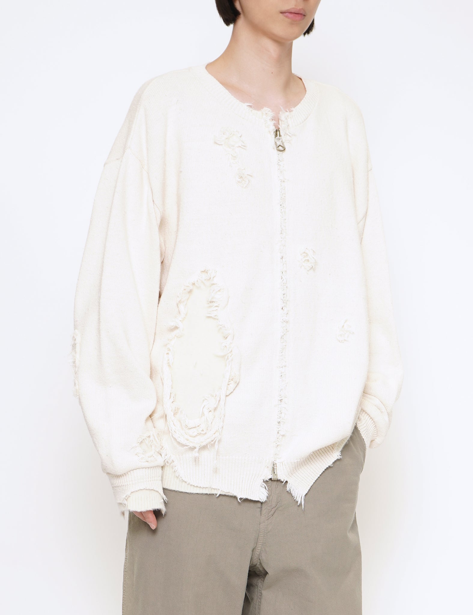 NATURAL WHITE TYPE 49 RIPPED ZIPPER COTTON KNIT