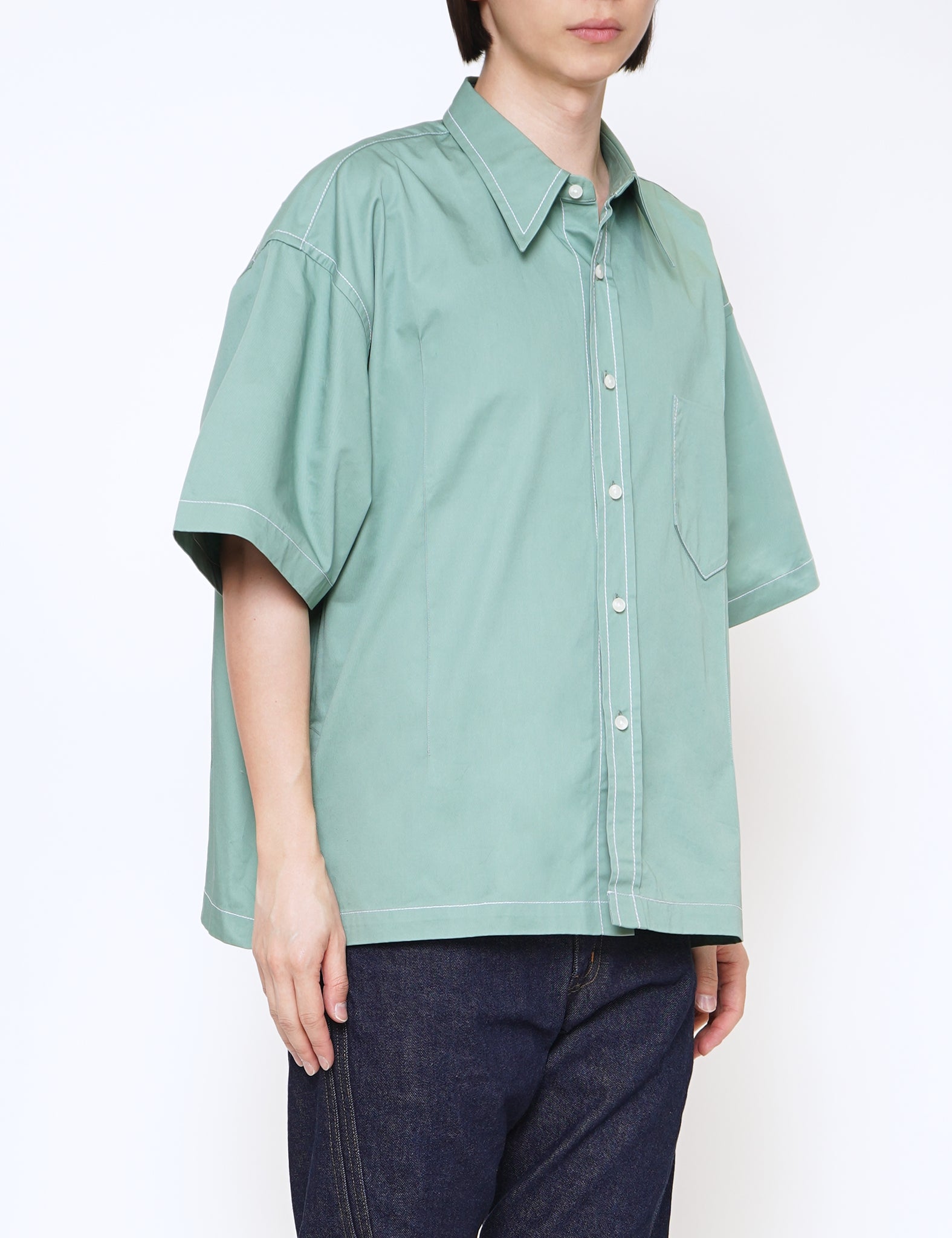 GREEN COTTON BOLD CUBOID SHORT SLEEVED OVERSHIRT