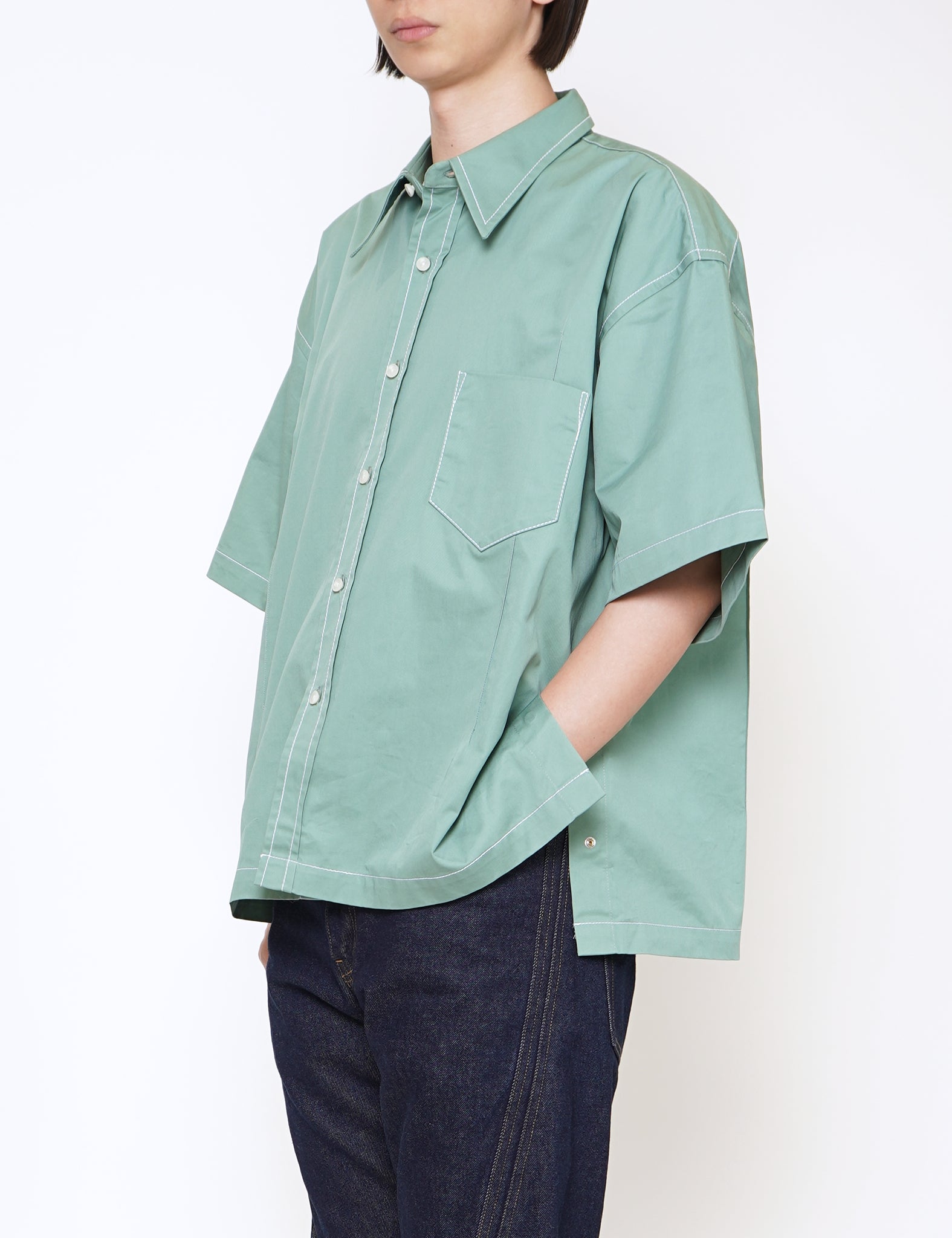 GREEN COTTON BOLD CUBOID SHORT SLEEVED OVERSHIRT