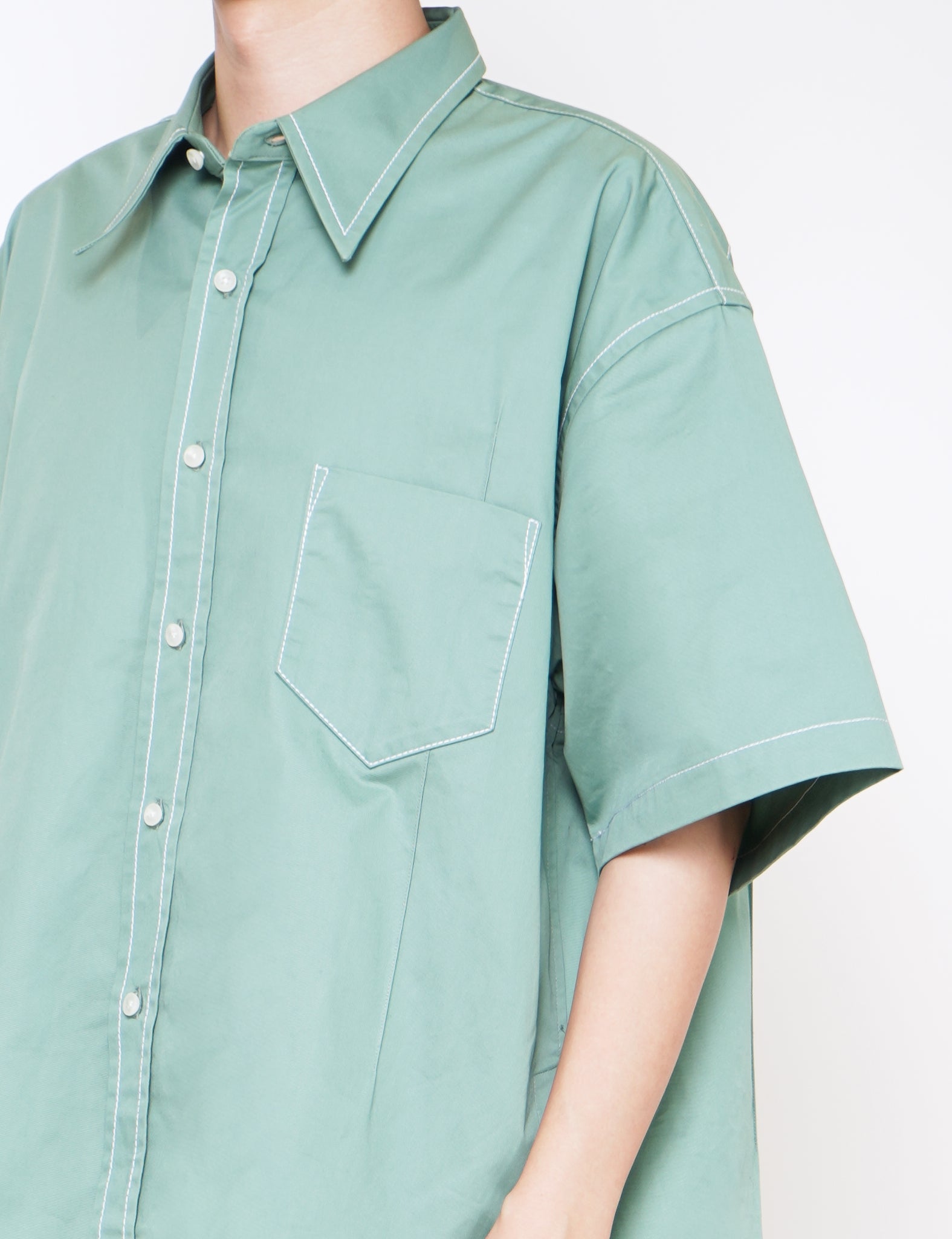 GREEN COTTON BOLD CUBOID SHORT SLEEVED OVERSHIRT