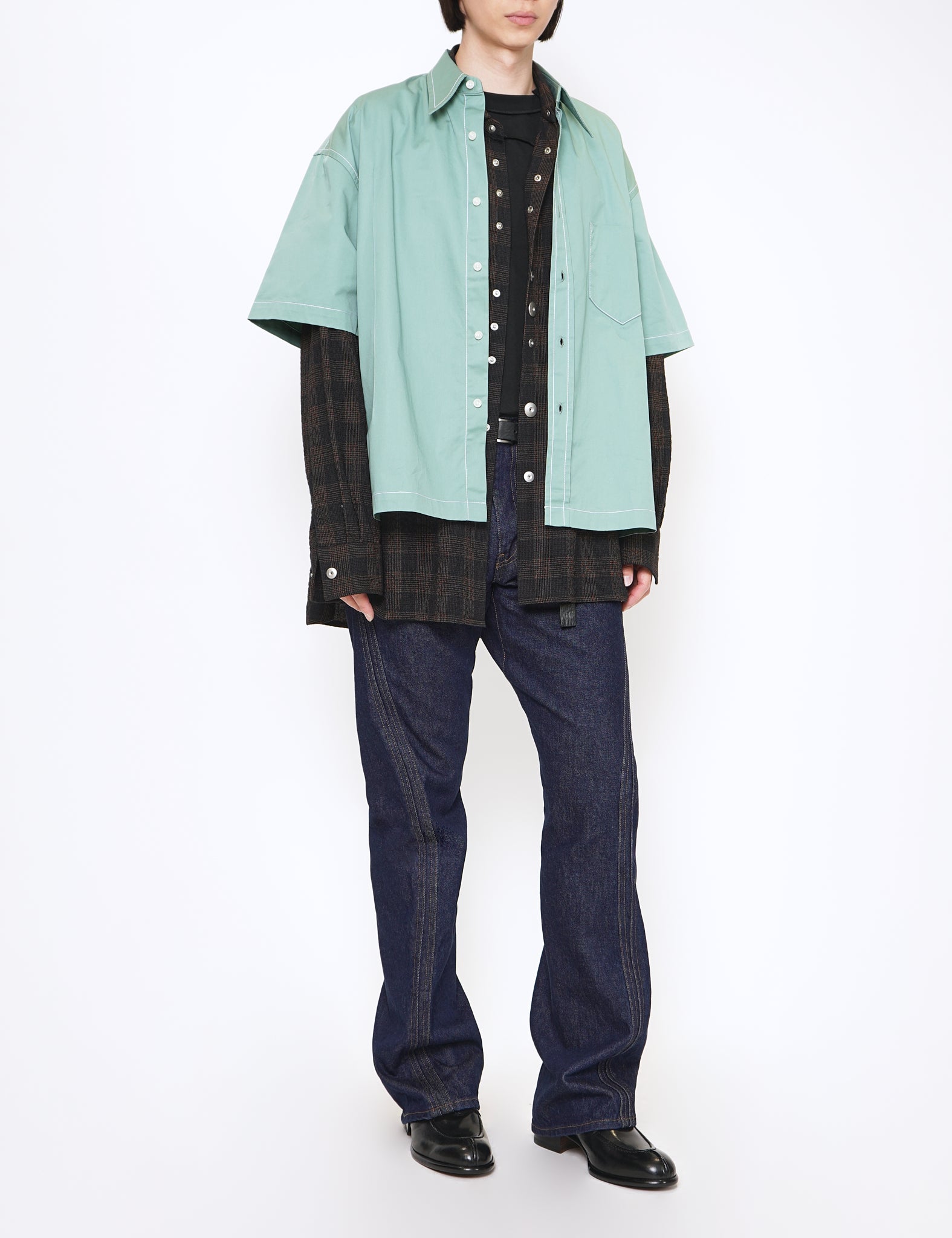 GREEN COTTON BOLD CUBOID SHORT SLEEVED OVERSHIRT