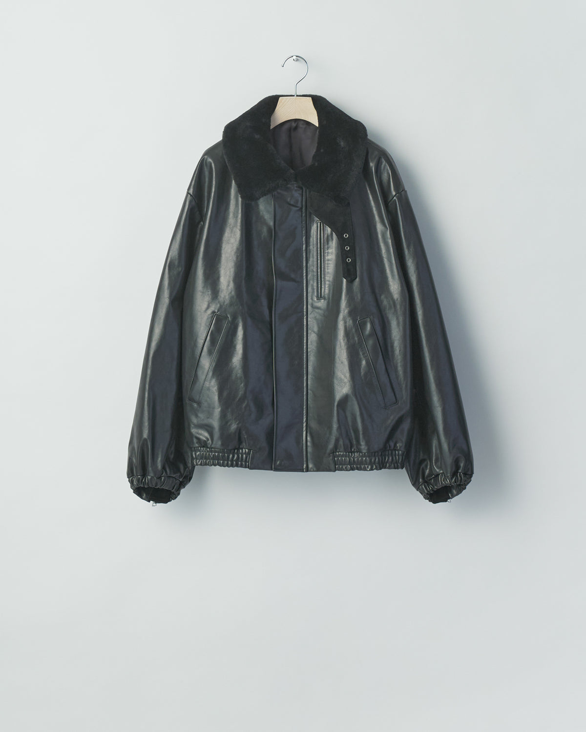 BLACK MOUTON COLLAR CALF ZIP JACKET