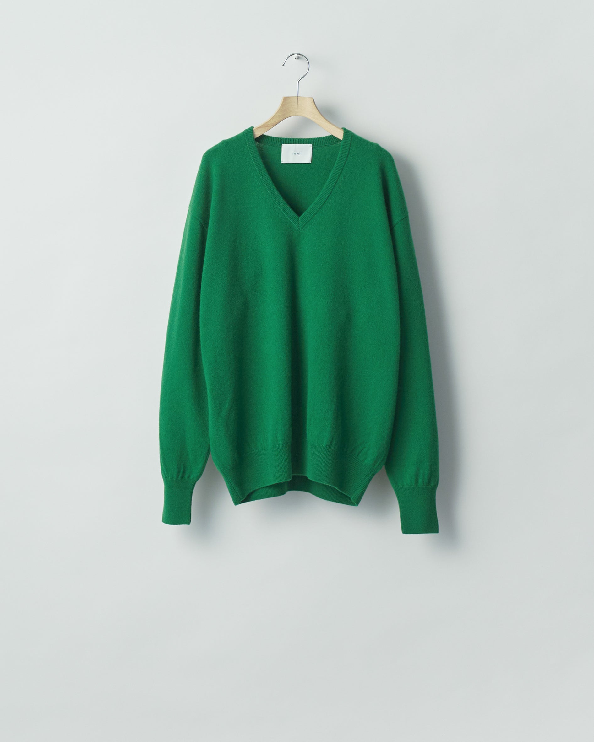 GREEN PURE CASHMERE KNIT V NECK LS